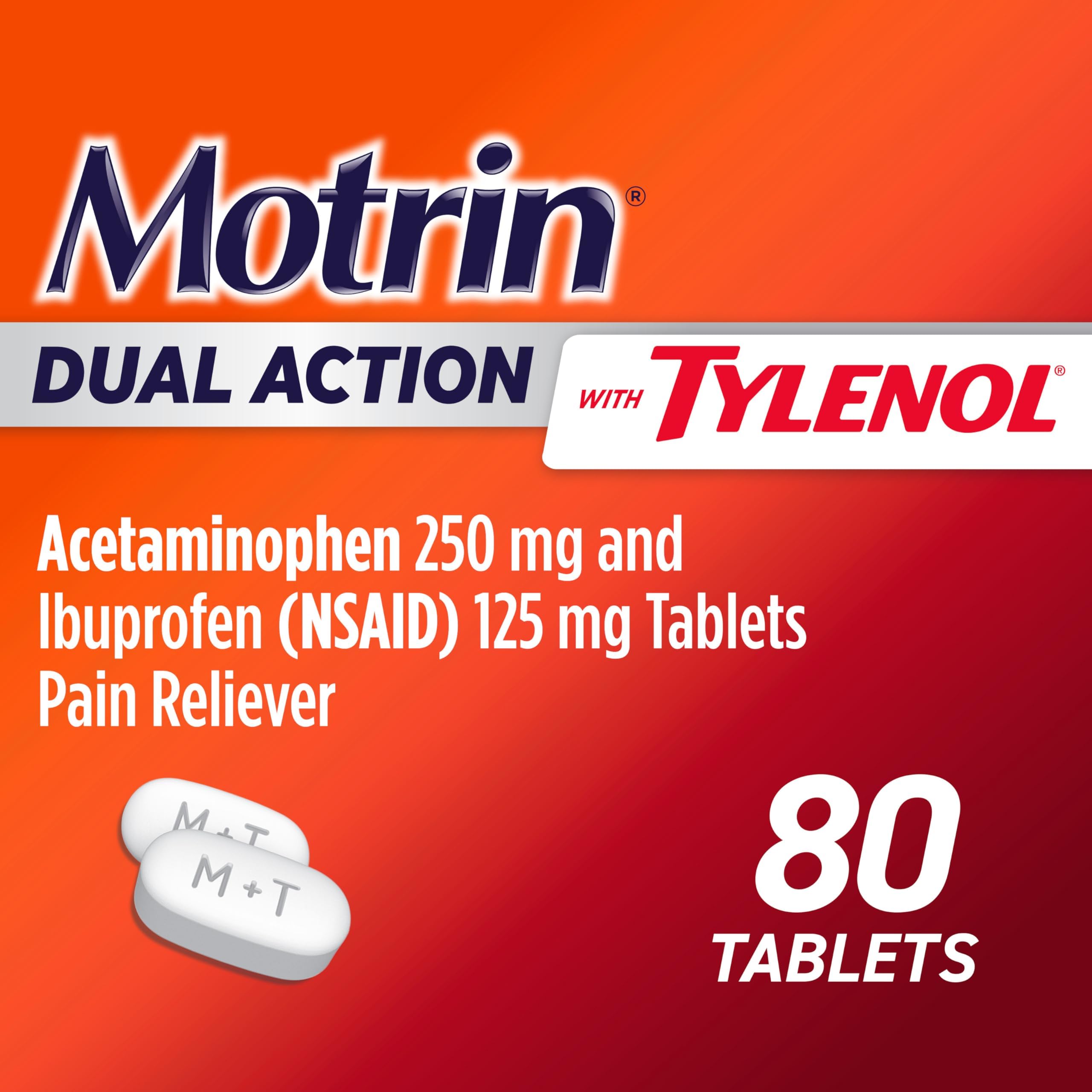 Motrin Dual Action Tylenol – comprimés visibles, dose claire pour relief rapide.