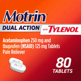 Motrin Dual Action Tylenol – comprimés visibles, dose claire pour relief rapide.