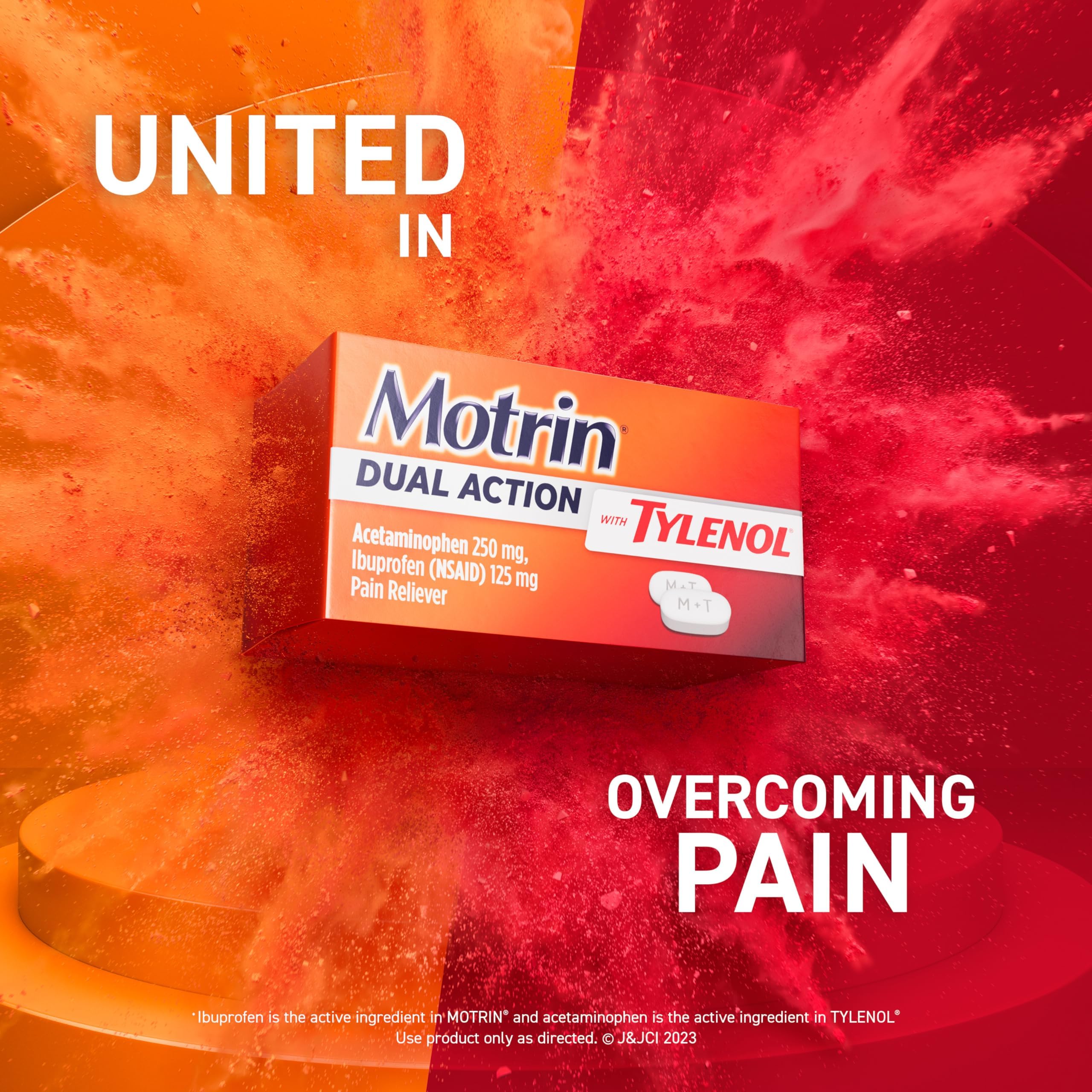 Motrin Dual Action Tylenol – étiquette lisible et informations importantes sur l'emballage.