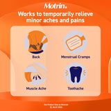 Motrin IB 200 mg – étiquette lisible sur la bouteille pour suivre les doses.