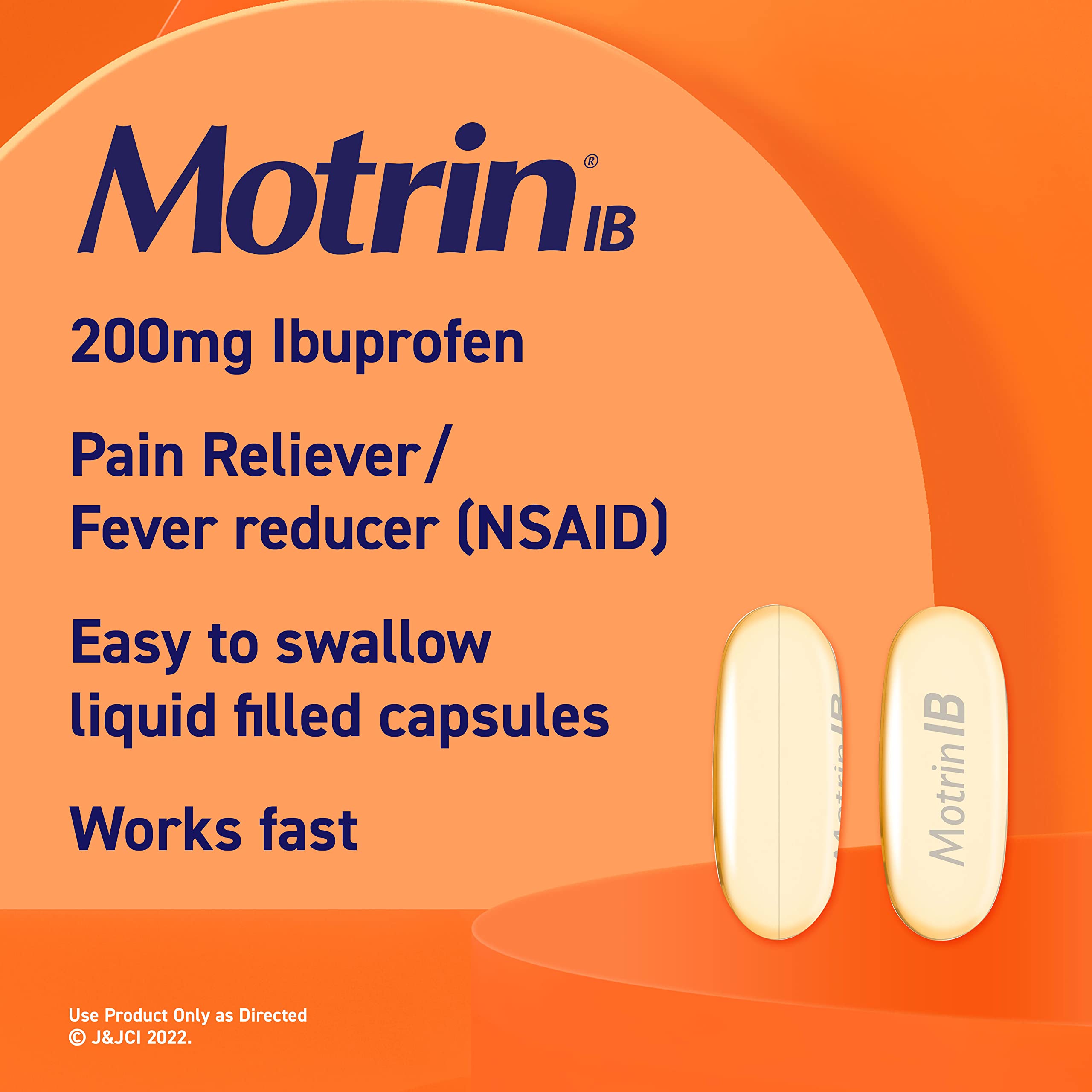 Motrin IB Gel Liquide: étiquette 200 mg indiquant la dose et l’usage