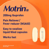 Motrin IB Gel Liquide: étiquette 200 mg indiquant la dose et l’usage
