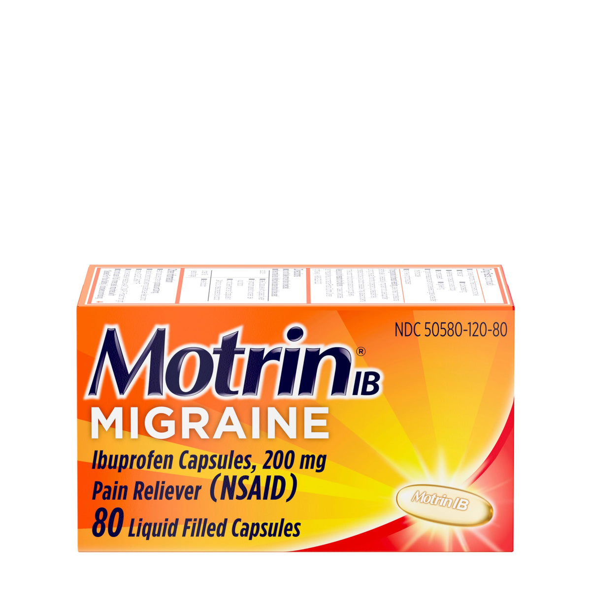 Motrin IB gélules, soulagement migraine, bouteille 80 gélules.