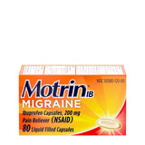 Motrin IB gélules, soulagement migraine, bouteille 80 gélules.