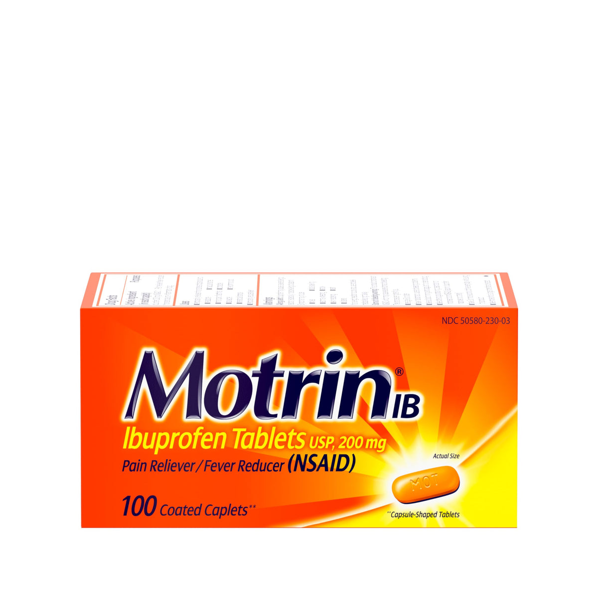 Motrin IB – bouteille, soulagement rapide des douleurs courantes et fièvre possible.