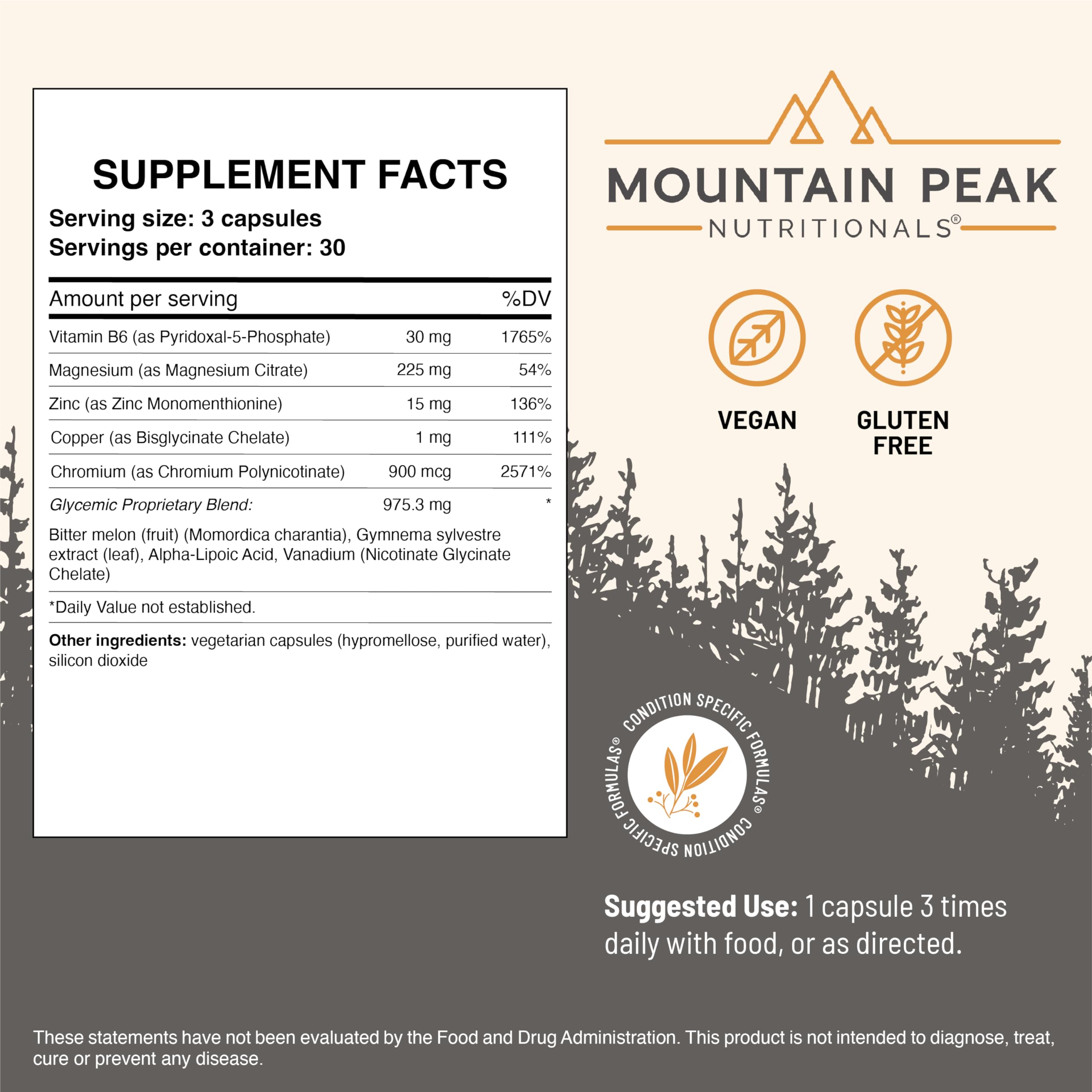 Étiquette Mountain Peak Glycémique Formule affichée, informations claires sur les ingrédients.