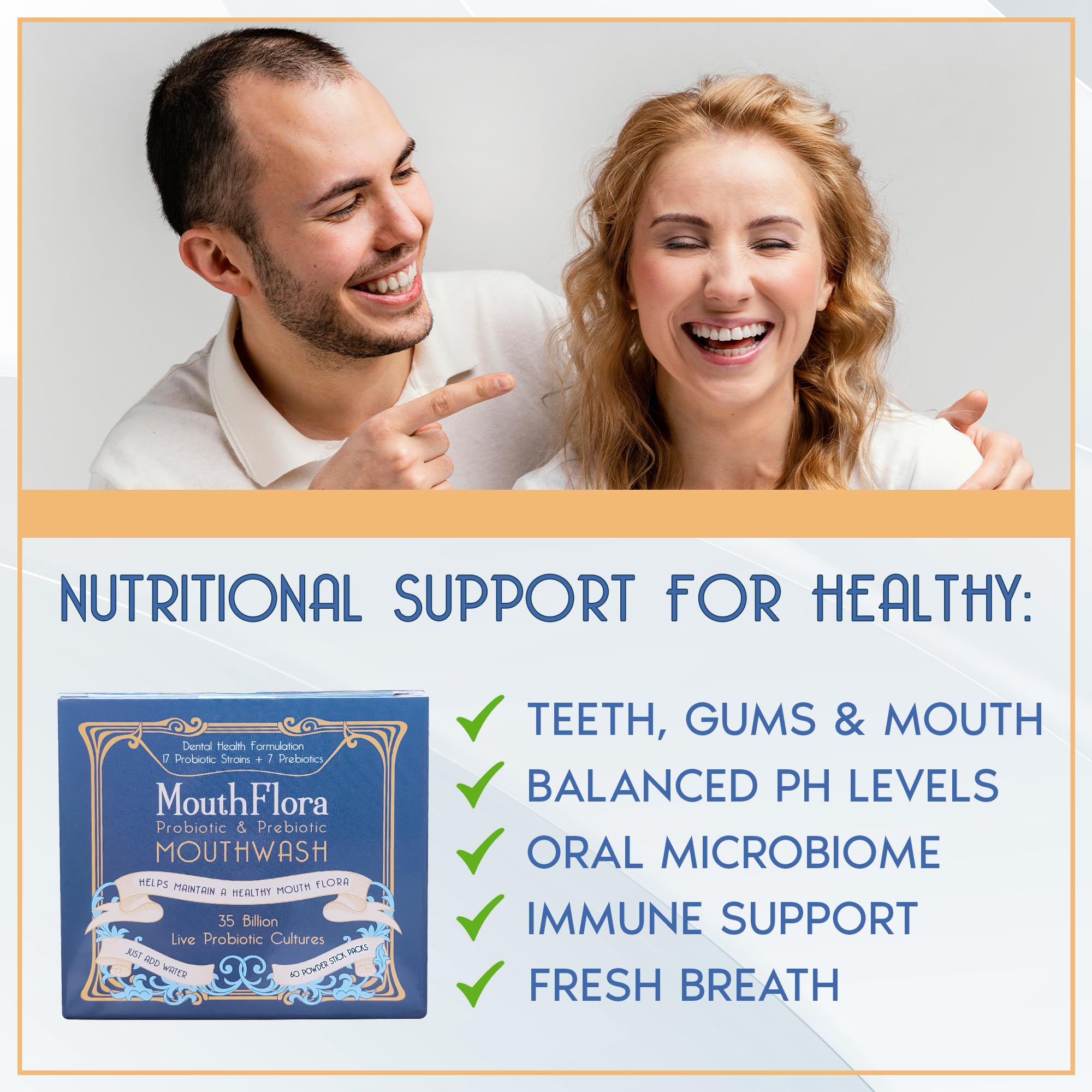 MouthFlora verre de rinçage évoquant une haleine fraîche durable.