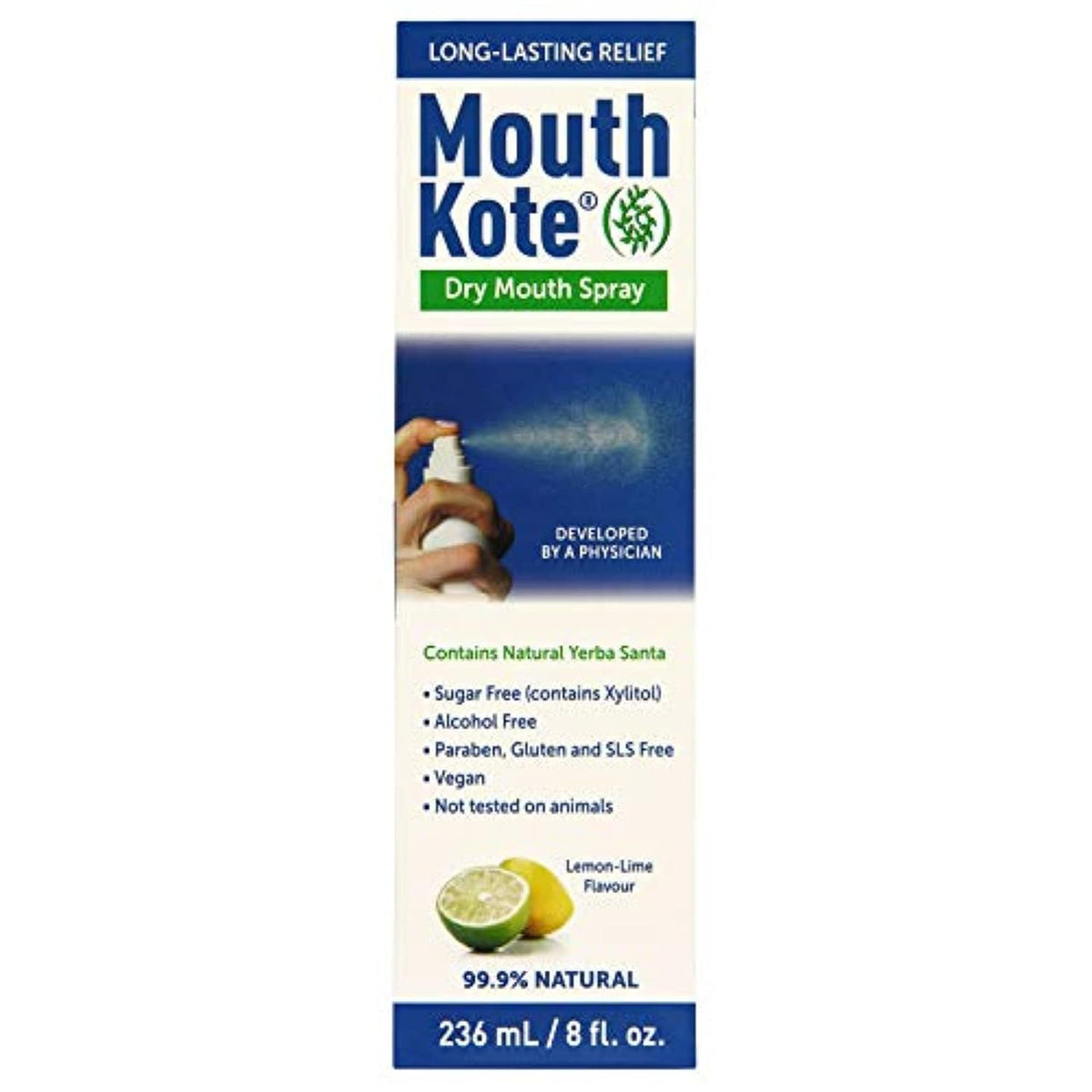 MouthKote Spray – bouteille visible, hydratation buccale durable grâce à Yerba Santa.