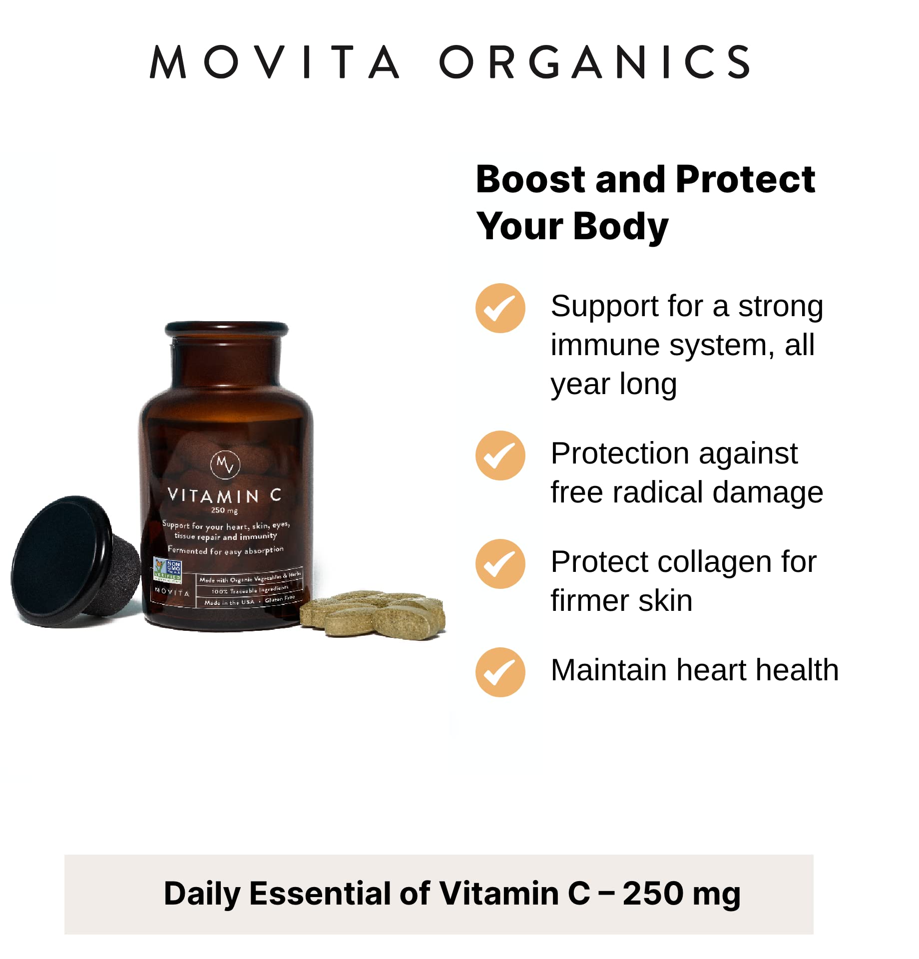 Movita aide à la synthèse du collagène grâce à la vitamine C fermentée.
