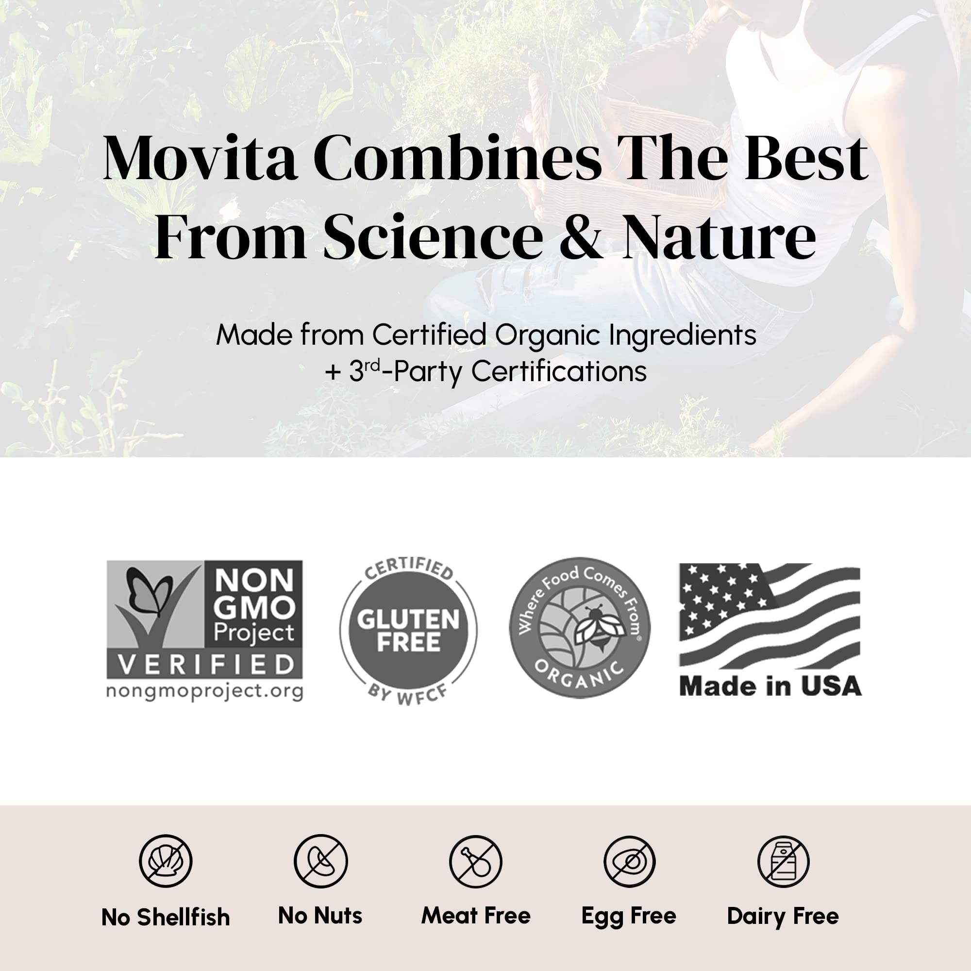 Movita certifiée biologique, végan, sans gluten et Non-OGM.