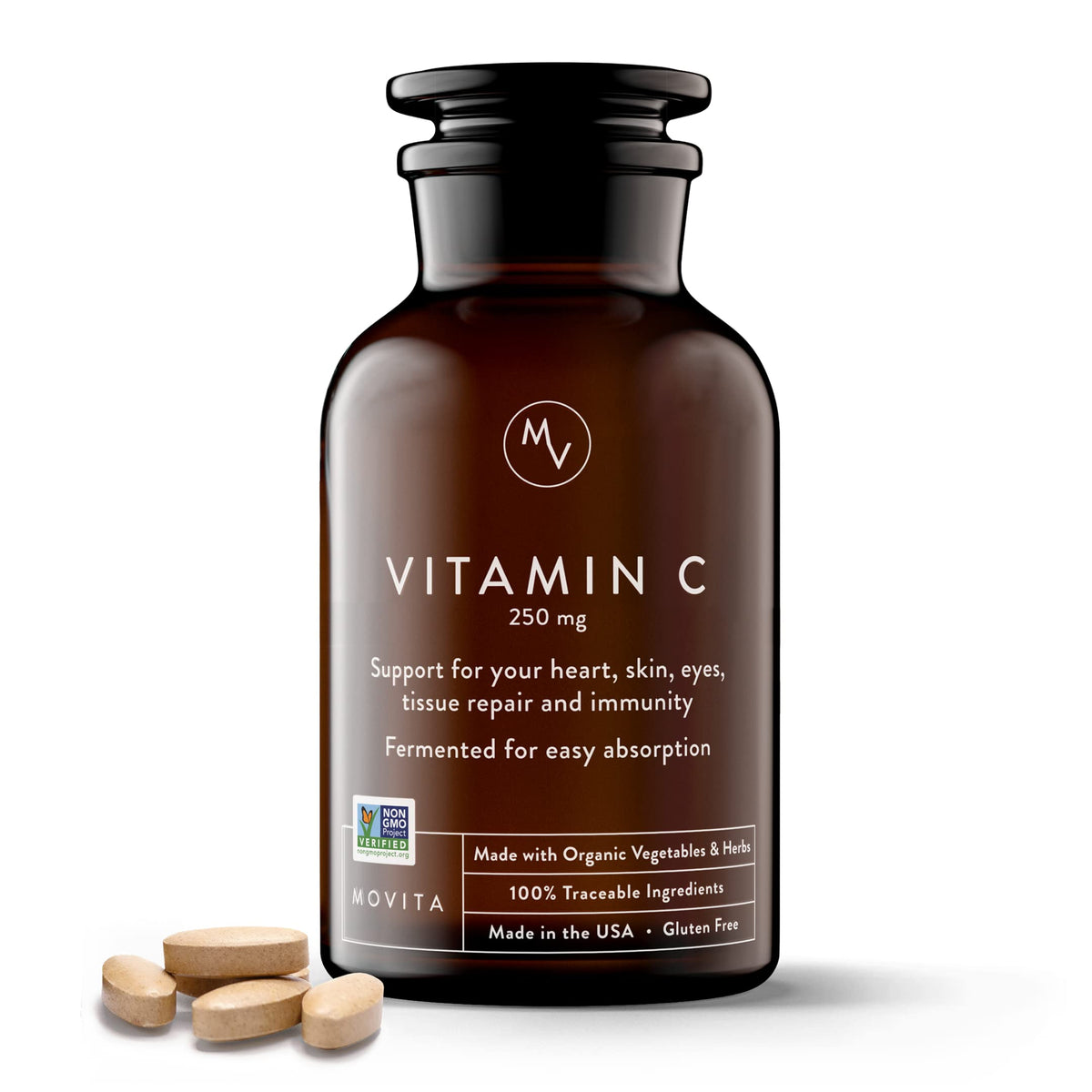 Movita vitamine C fermentée 250 mg, bouteille en verre, boost potentiel de l'immunité.