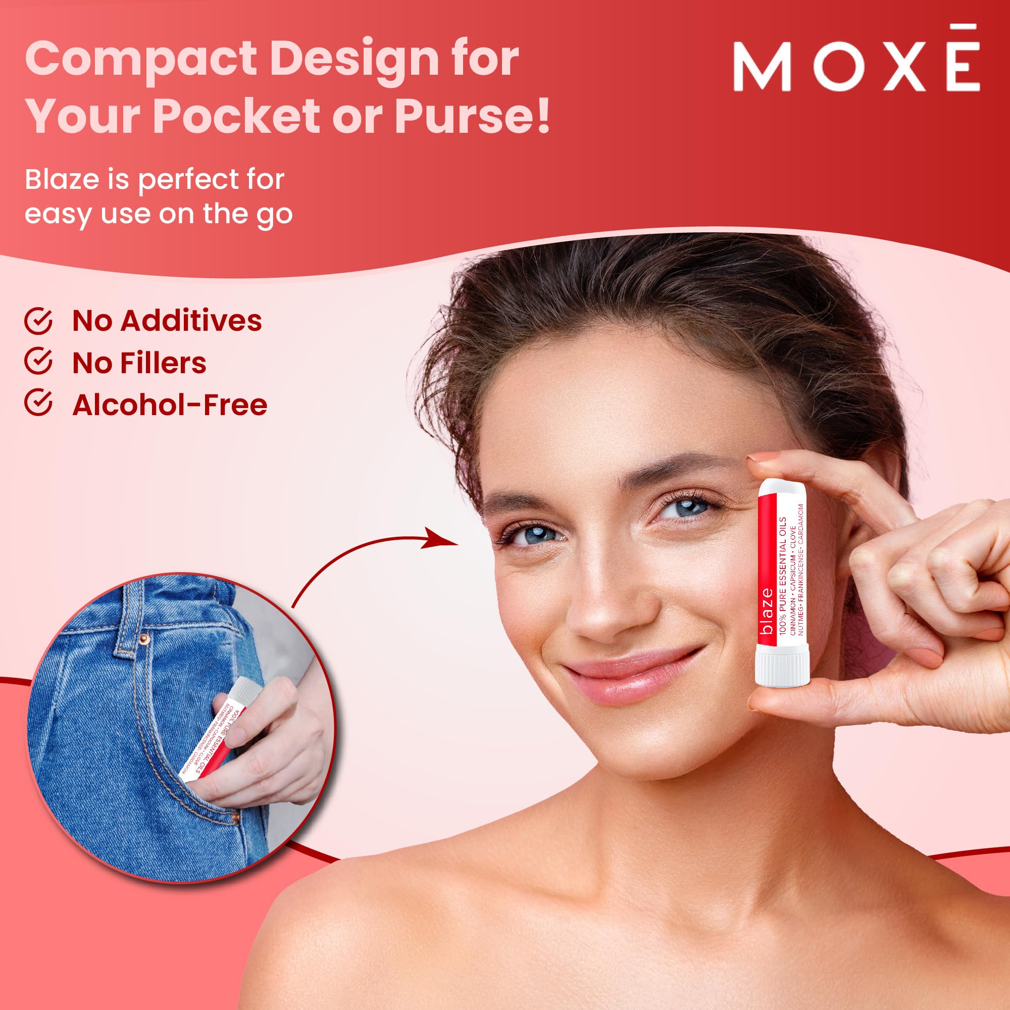 MOXE Blaze nasal-stick, format compact idéal sac ou bureau.