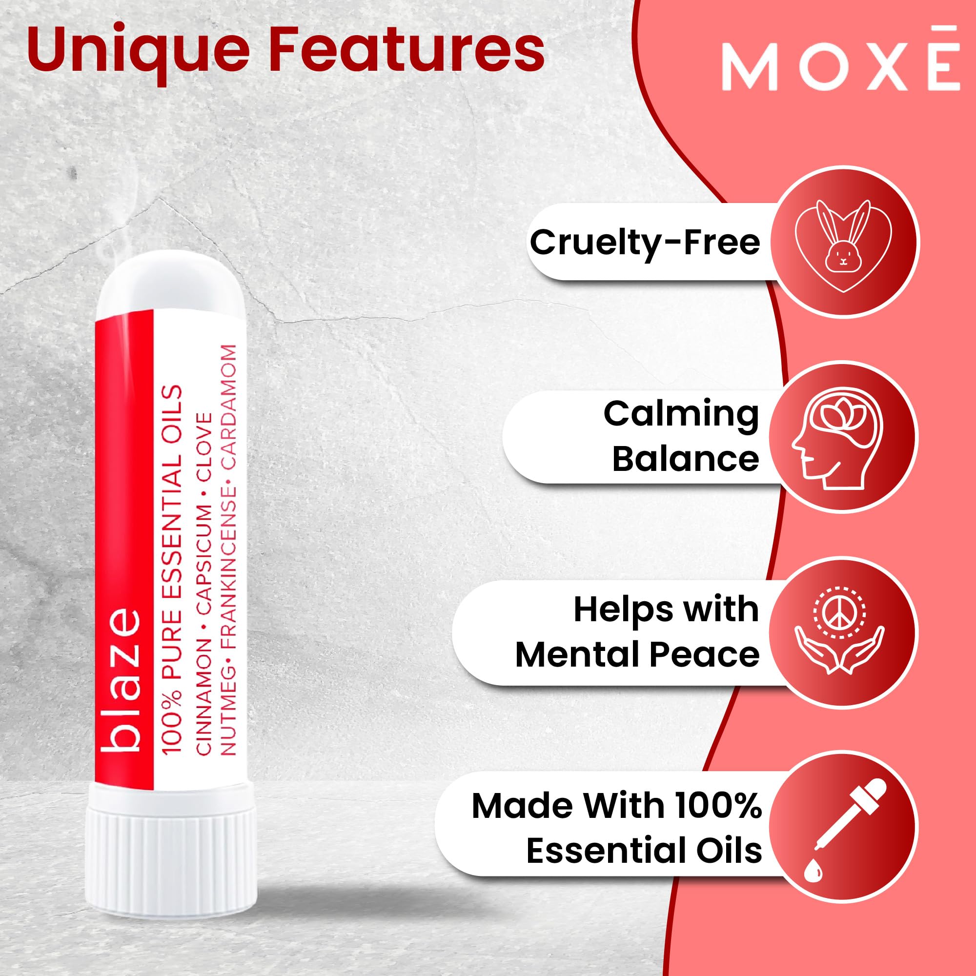 MOXE Blaze nasal-stick, arôme épicé pour réconfort rapide.