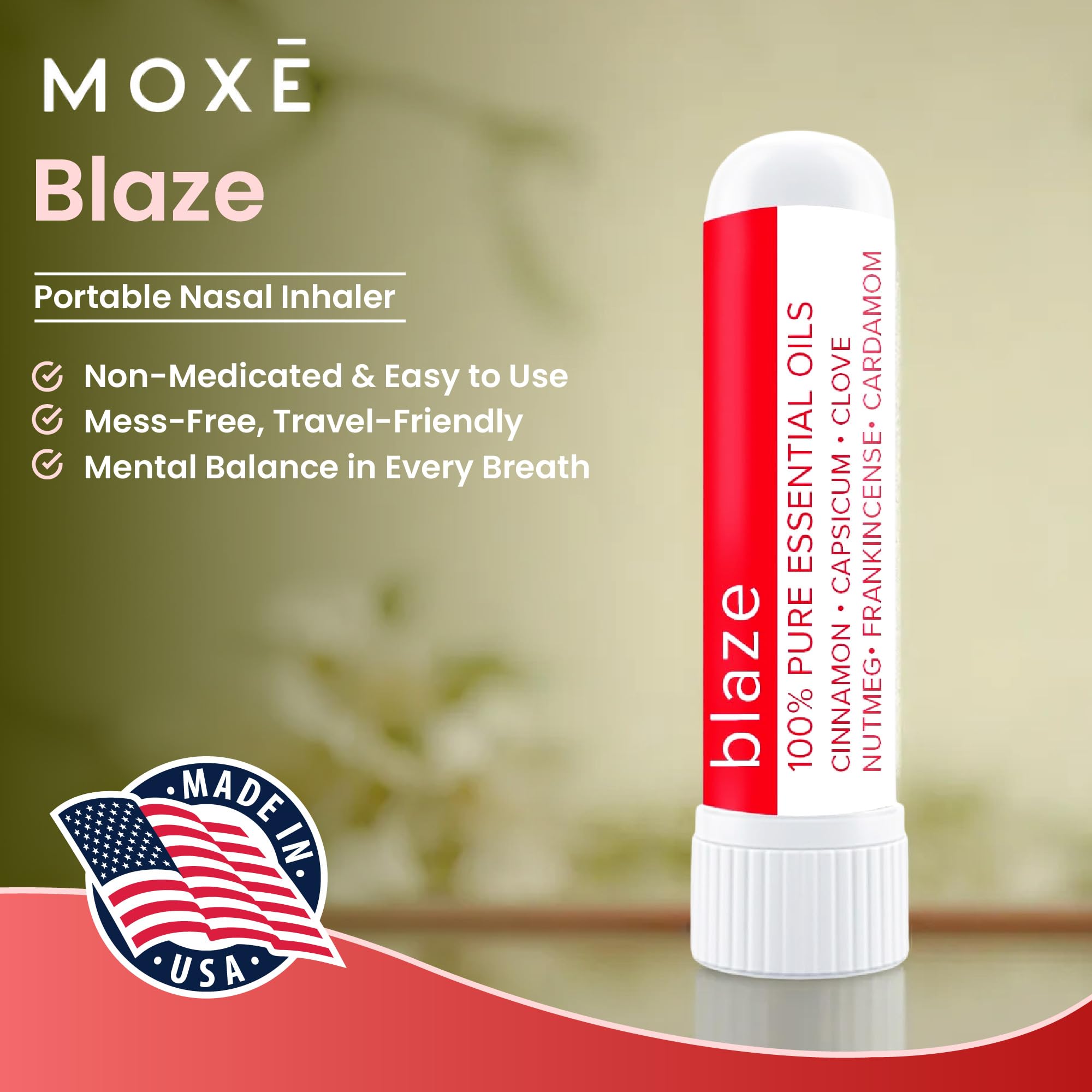 MOXE Blaze nasal-stick, fabriqué aux USA, qualité artisanale.