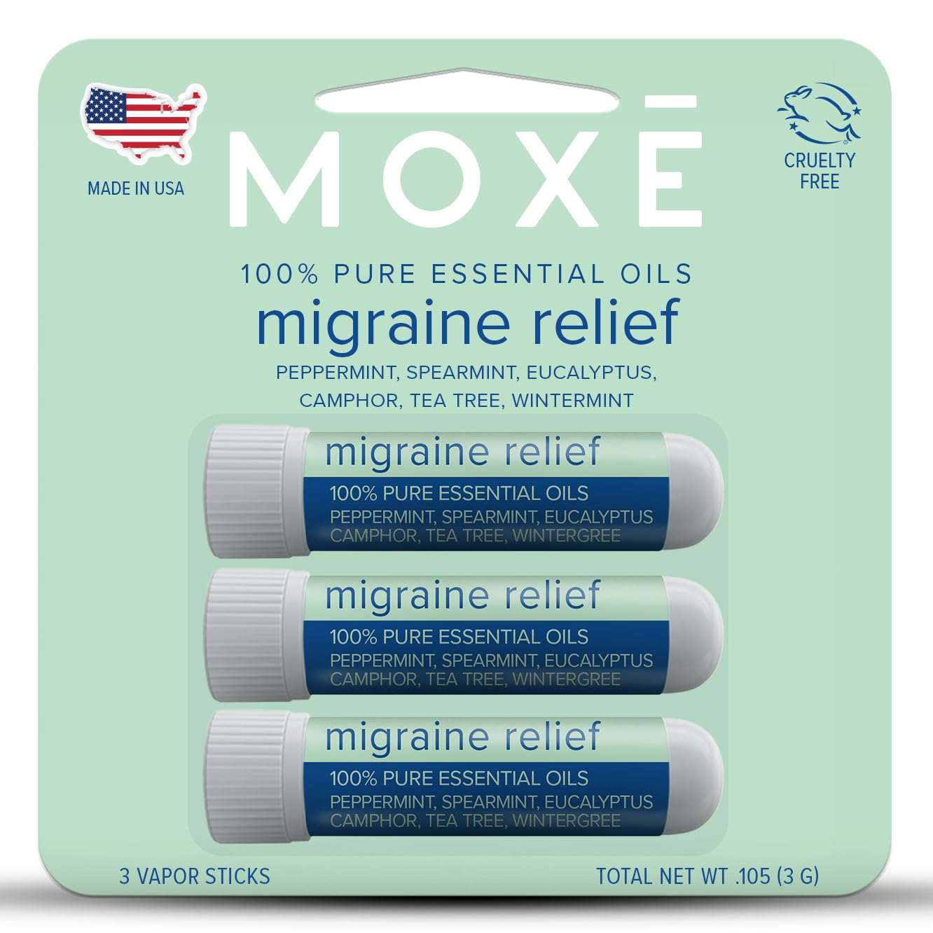 MOXE Migraine Relief Inhalers — boîte de 3, pratique en voyage et au bureau.
