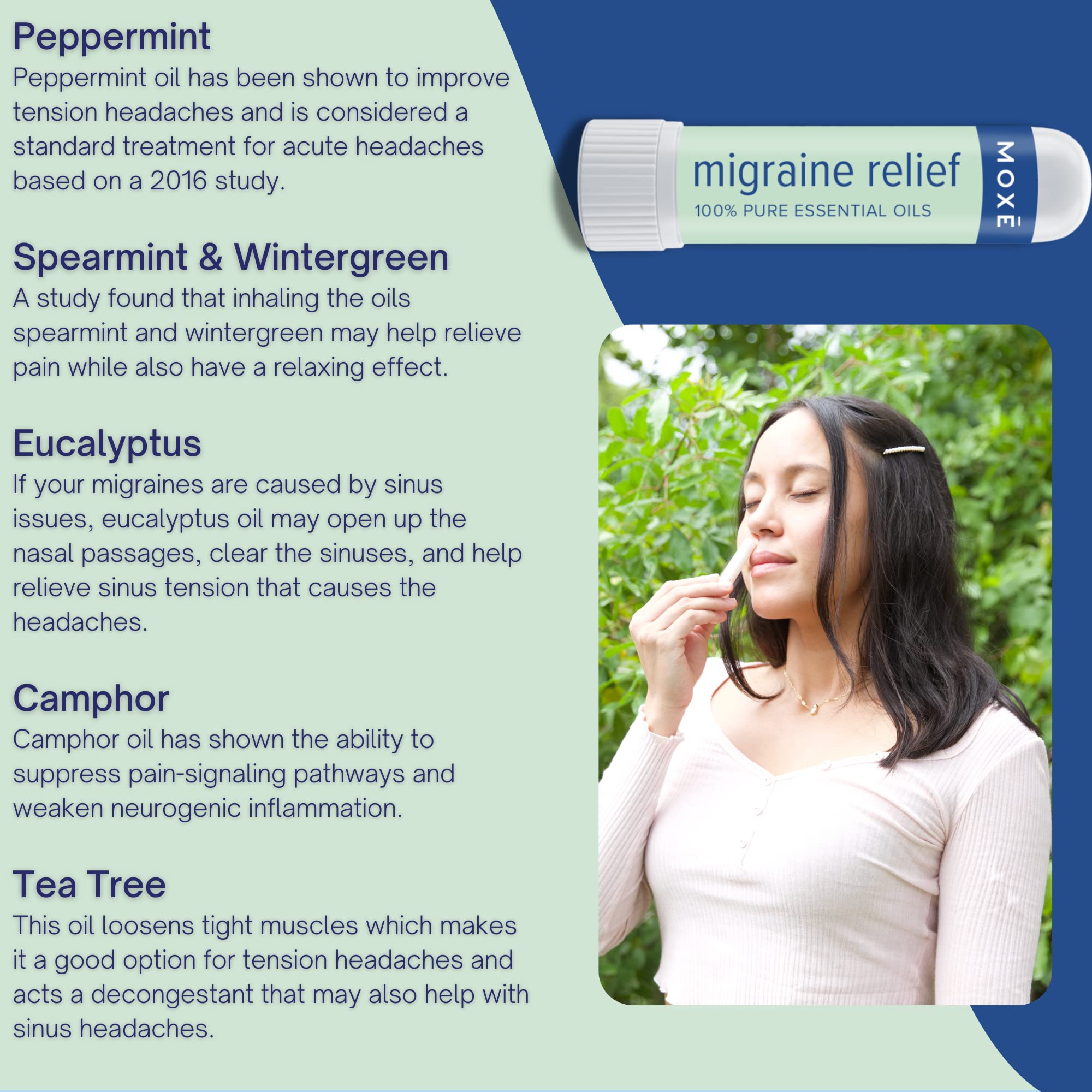 MOXE Migraine Relief Inhalers — ingrédients essentiels naturels pour un réconfort aromatique.