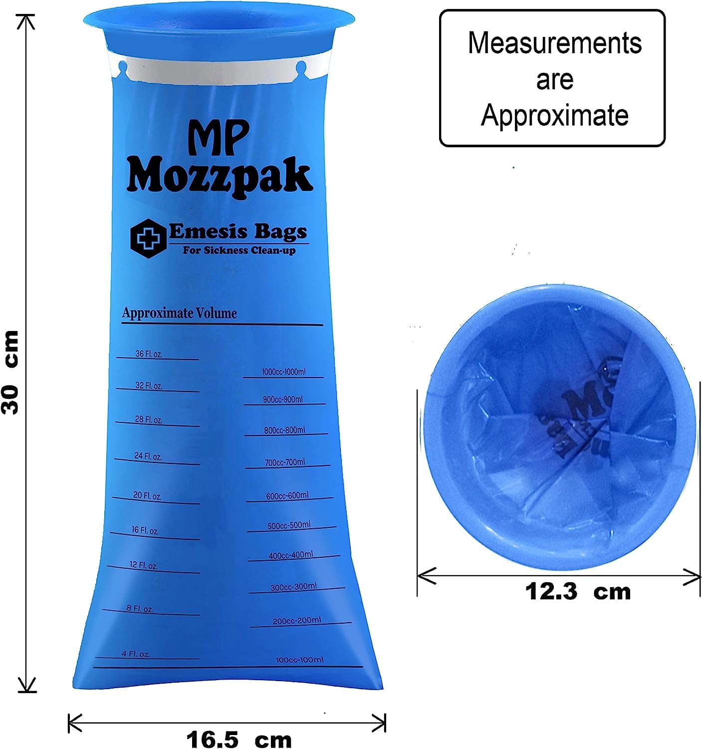 Ouverture large du sac d'émèse MP MOZZPAK, insertion facile et sans déversements.