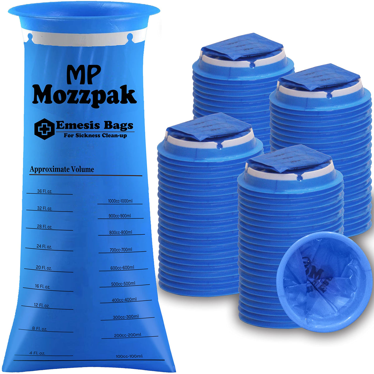 Sac vomi MP Mozzpak bleu 1000 ml, pratique pour les voyages en voiture.