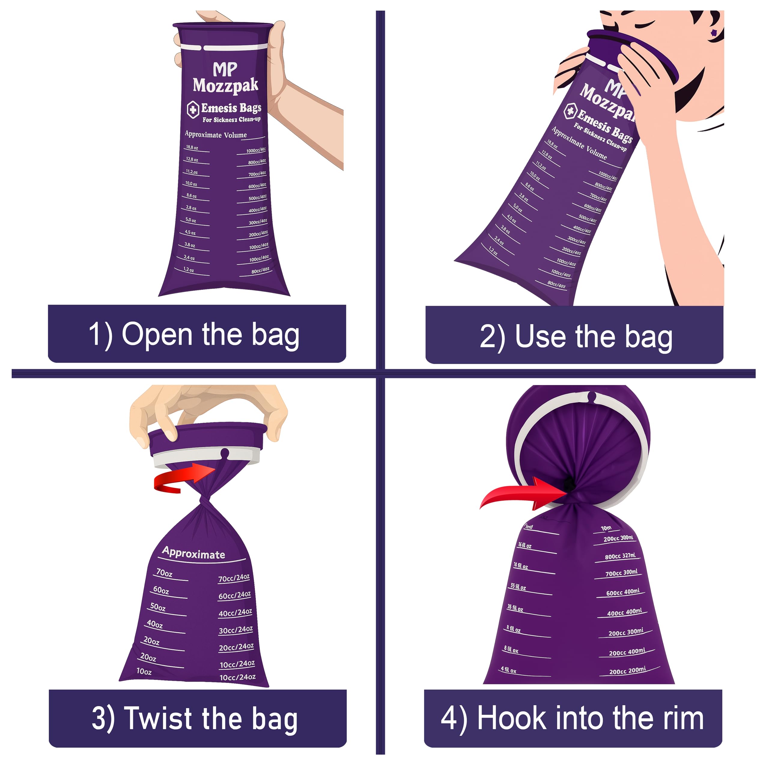 MP MOZZPAK sac vomissements violet, design portable pour voyage.