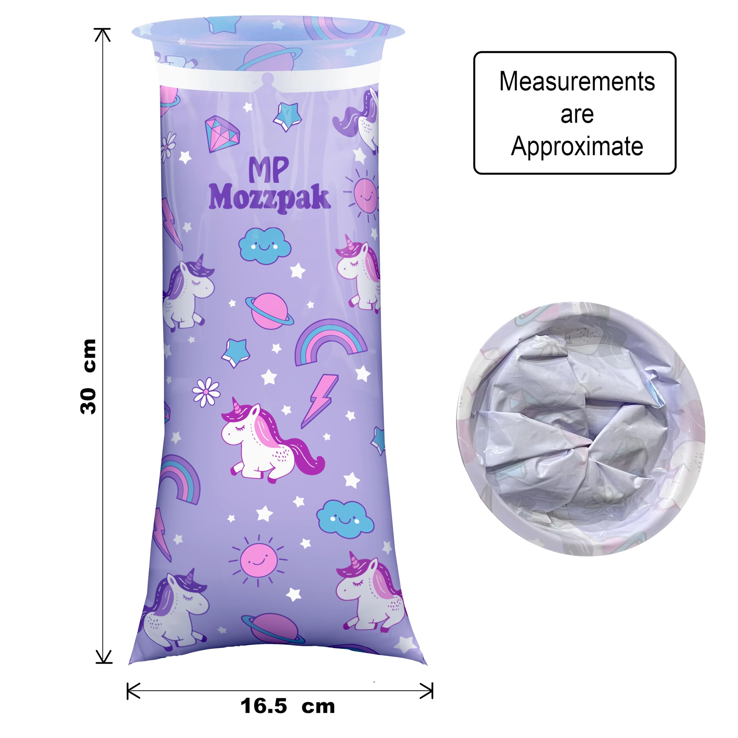 MP Mozzpak sac vomitif licorne bleu, résistant aux fuites lors des trajets.
