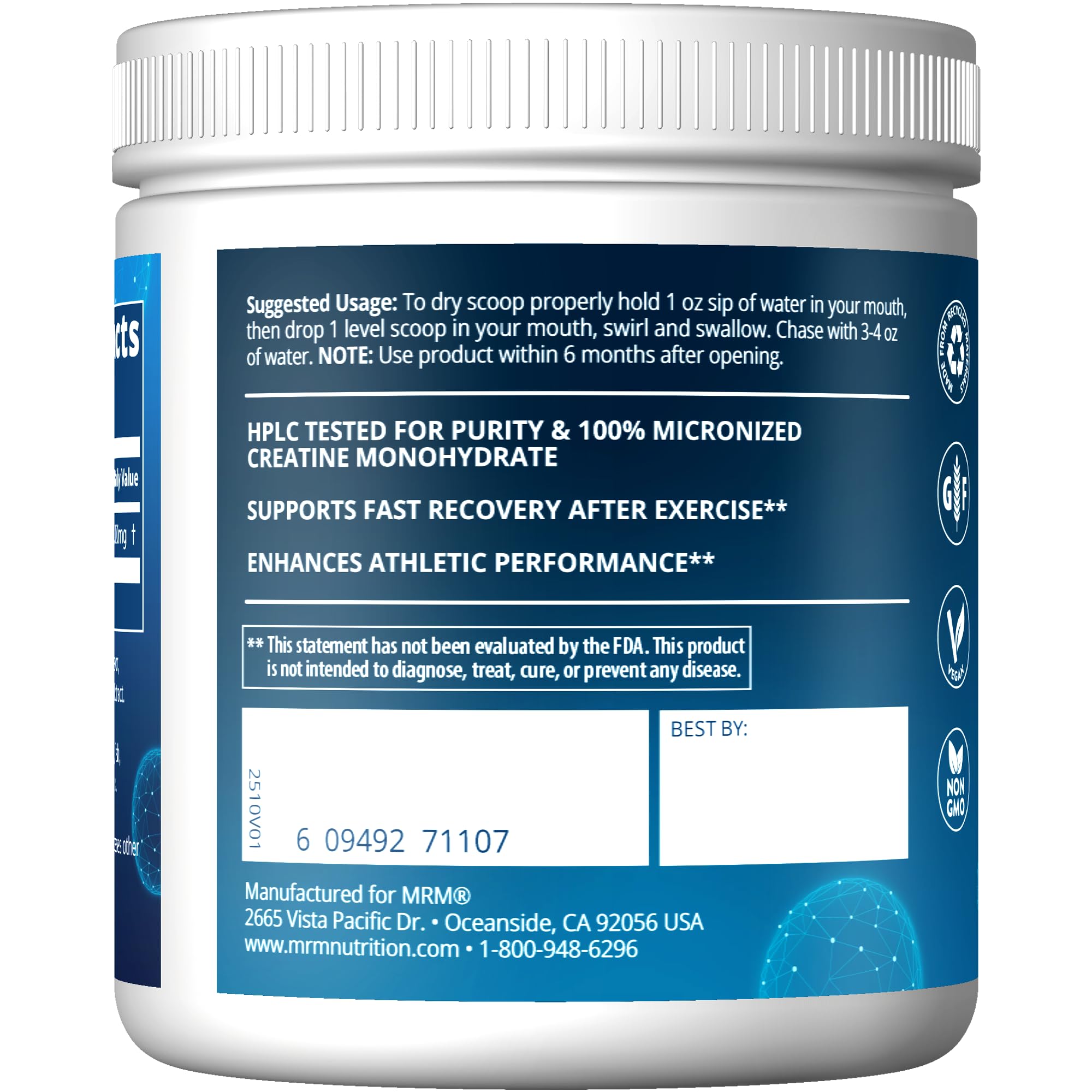 Boîte MRM Créatine avec scoop et saveur pomme acide, pratique