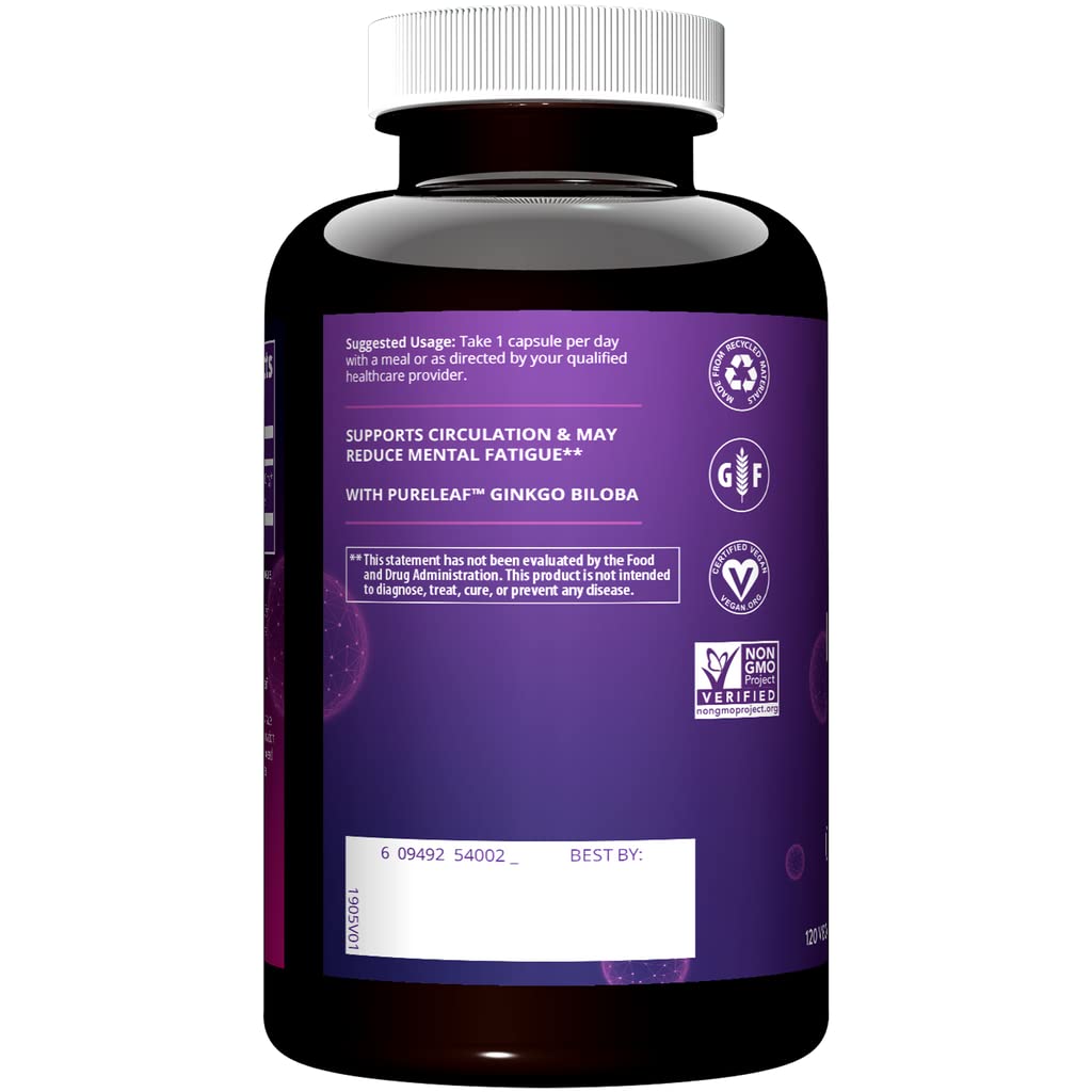 MRM Ginkgo B, emballage et étiquette indiquant sans gluten et végan.