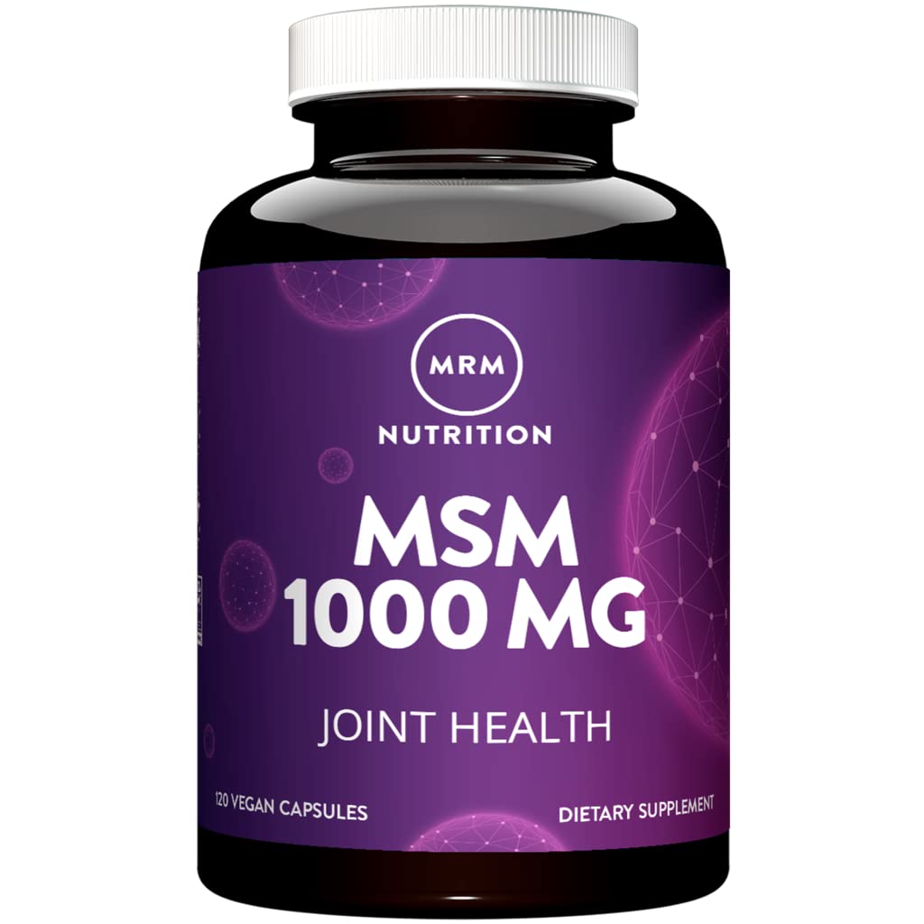 MRM MSM 1000mg, bouteille et capsules, soutien quotidien à la mobilité.