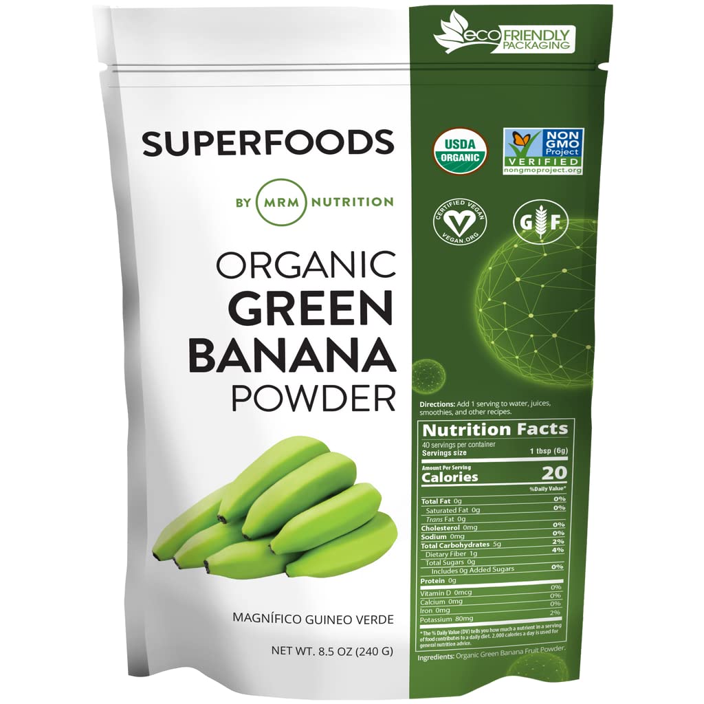MRM Poudre banane verte emballage prête à être ajoutée dans vos recettes riches en fibres