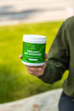 MRM poudre pré-entraînement biologique, adaptogènes visibles, soutien anti-fatigue potentiel.