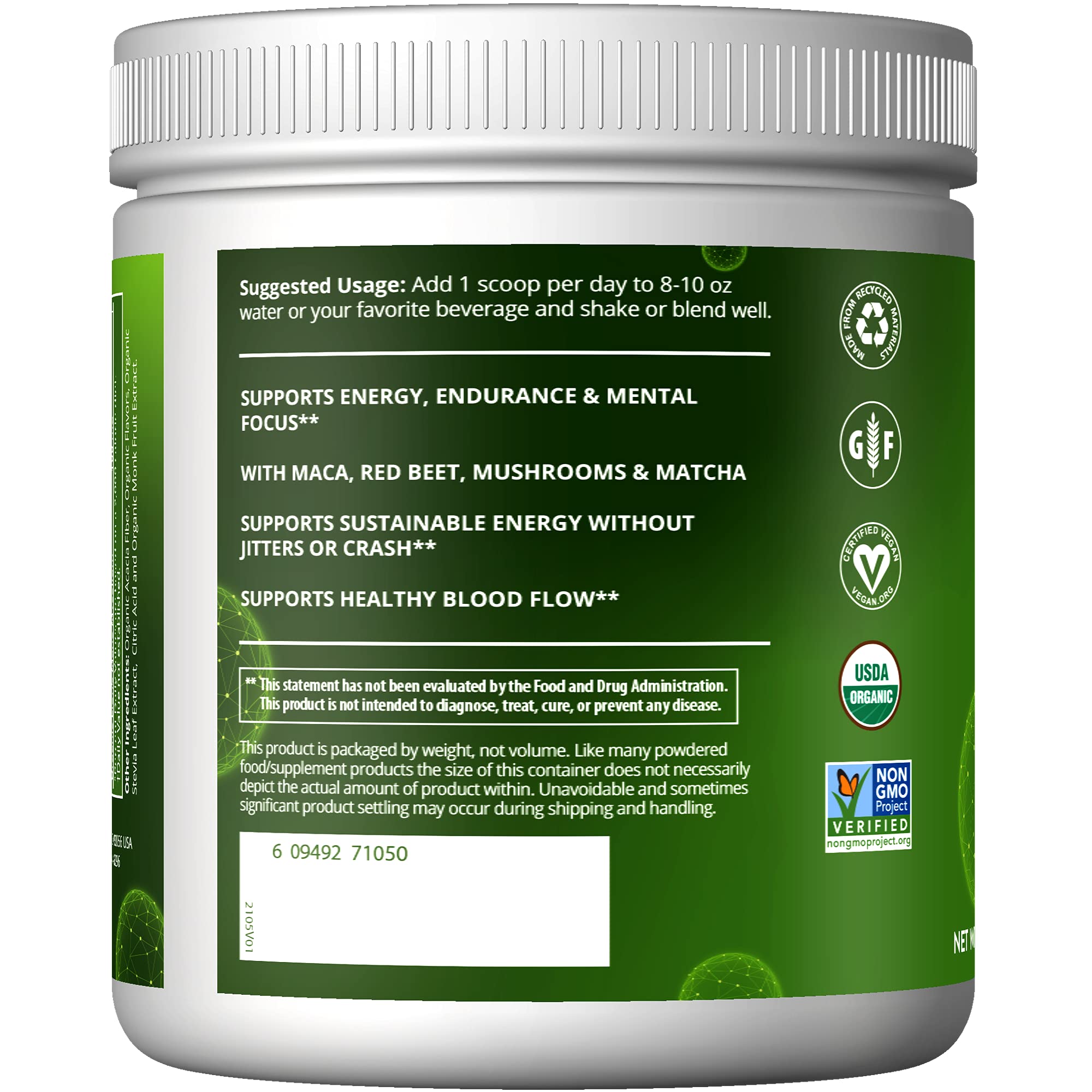 MRM poudre pré-entraînement biologique, mélange homogène, saveur cerise noire agréable.