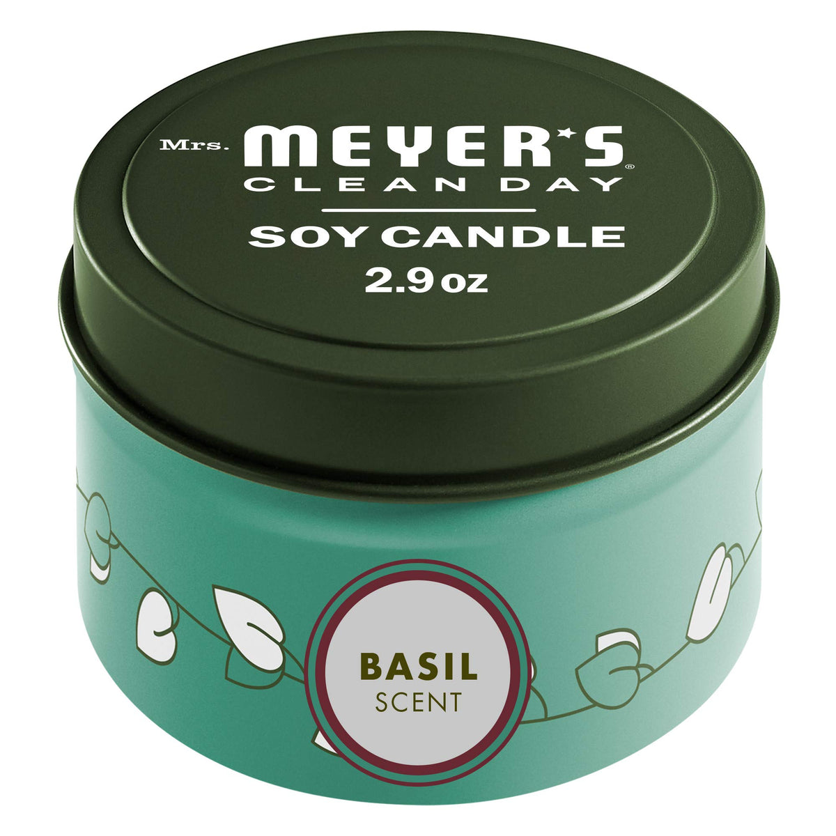 Bougie Basil de Mrs. Meyer's, boîte métal, crée une ambiance fraîche et naturelle.