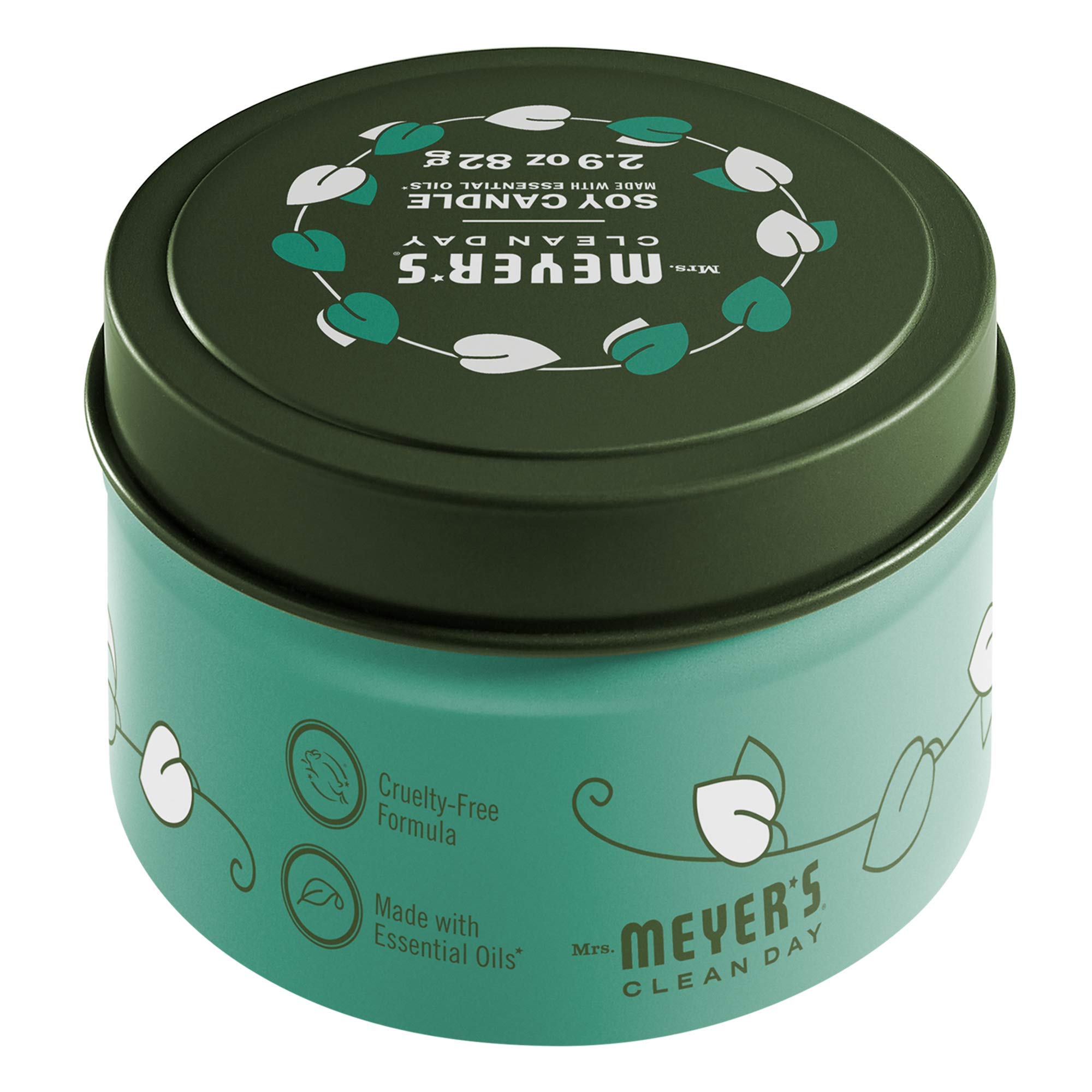Bougie Basil de Mrs. Meyer's, étiquette simple, parfum durable pour les tâches ménagères.