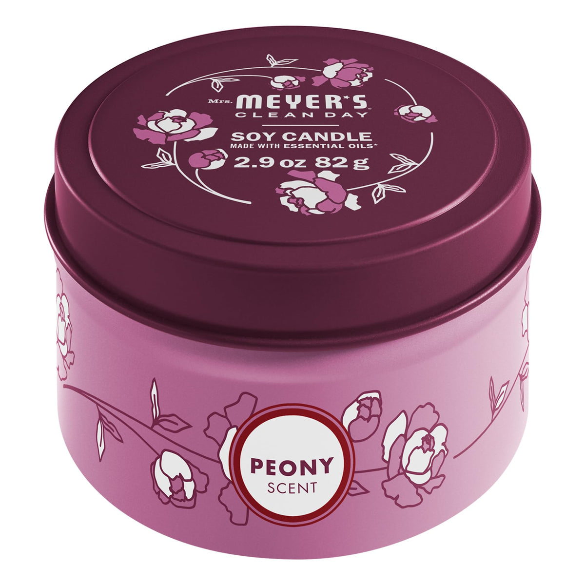 Bougie en tin à la pivoine par Mrs. Meyer's Clean Day, ambiance florale accueillante.