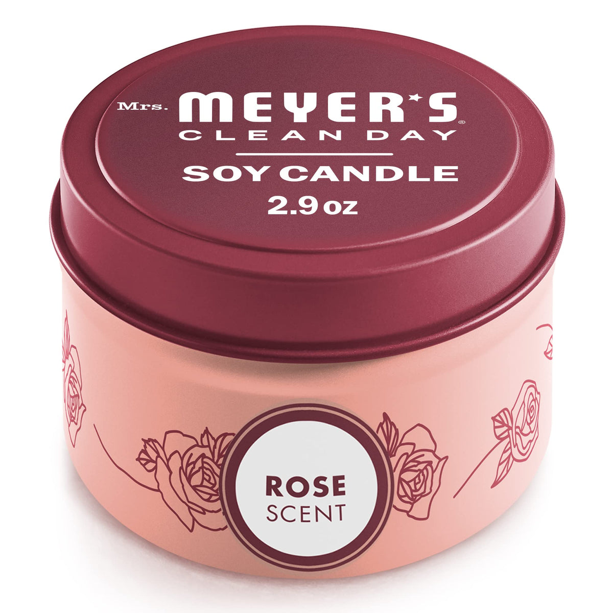 Bougie Rose Mrs. Meyer's Clean Day dans sa boite en tin, parfum durable.
