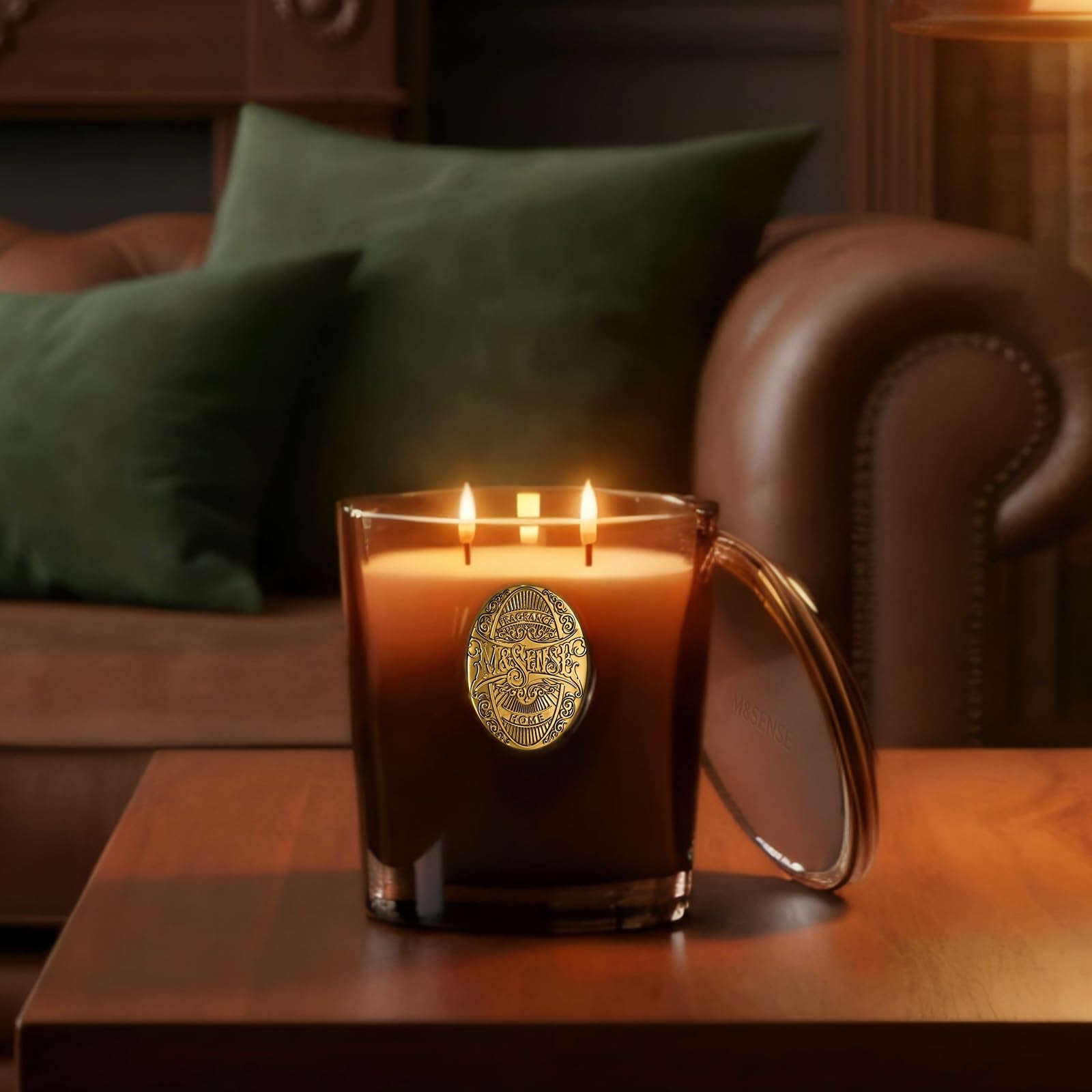 Ambiance chaleureuse dans le salon avec la bougie M&SENSE.