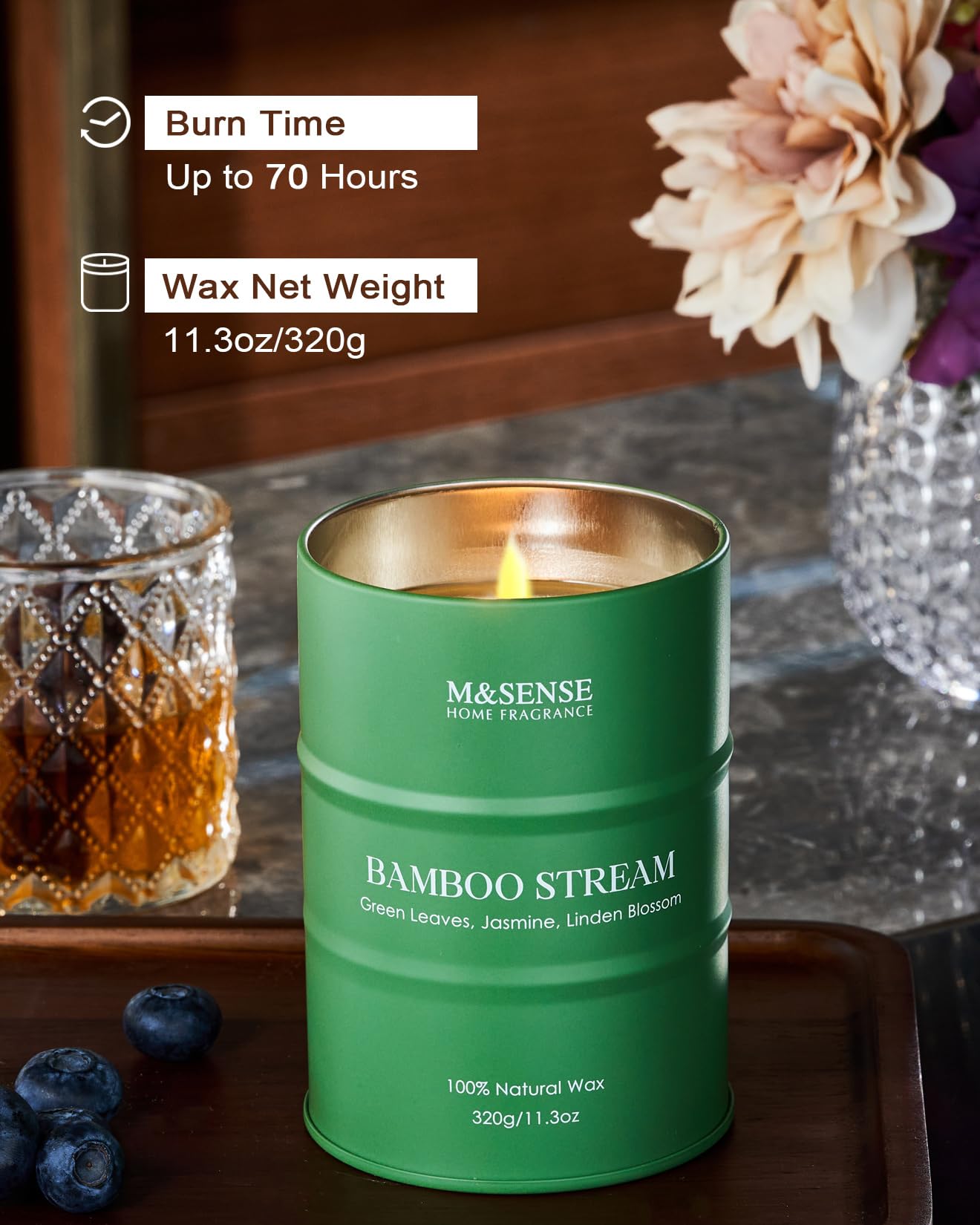 Bougie Bamboo M&SENSE, cire végétale naturelle pour une atmosphère détendue.