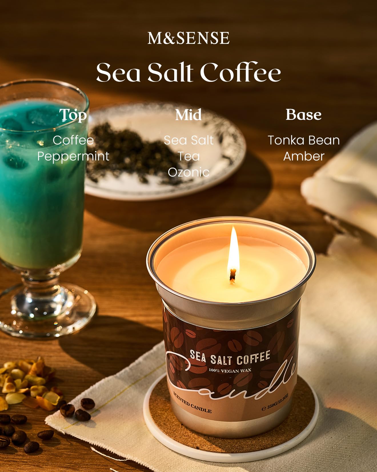 Bougie M&SENSE grande jarre, parfum café durable pour ambiance chaleureuse.