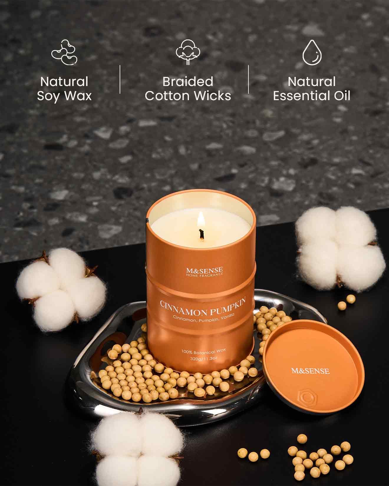 Flamme stable de la bougie M&SENSE Cannelle Citrouille pour une combustion régulière.