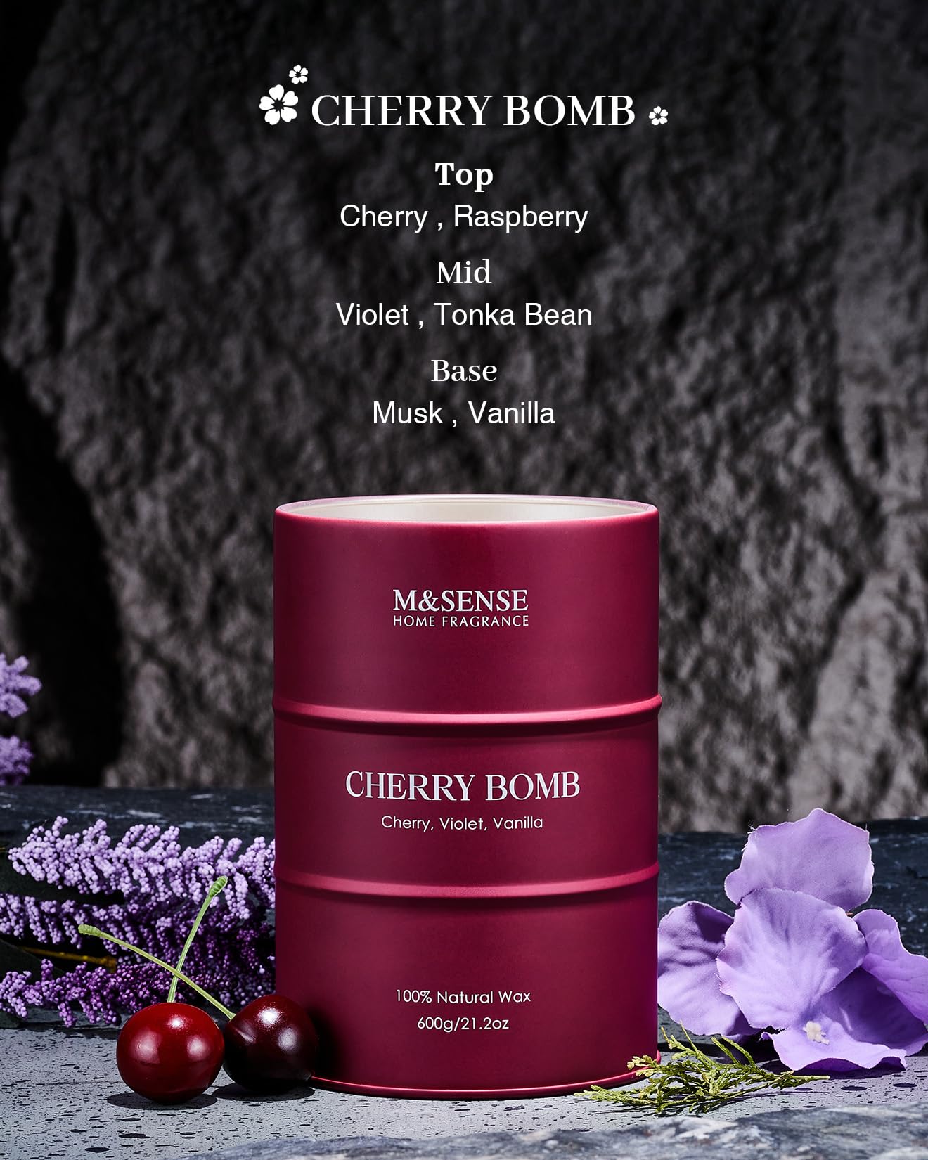 Bougie M&SENSE cire soja naturelle, senteur cerise douce et chaleureuse.