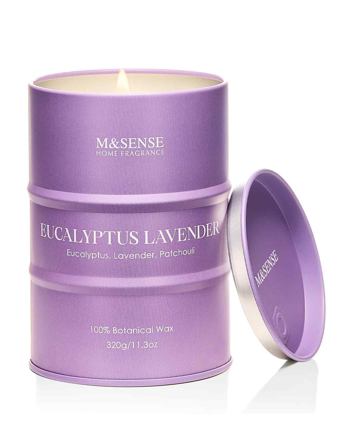 Bougie M&SENSE eucalyptus-lavande, ambiance relaxante pour méditation.
