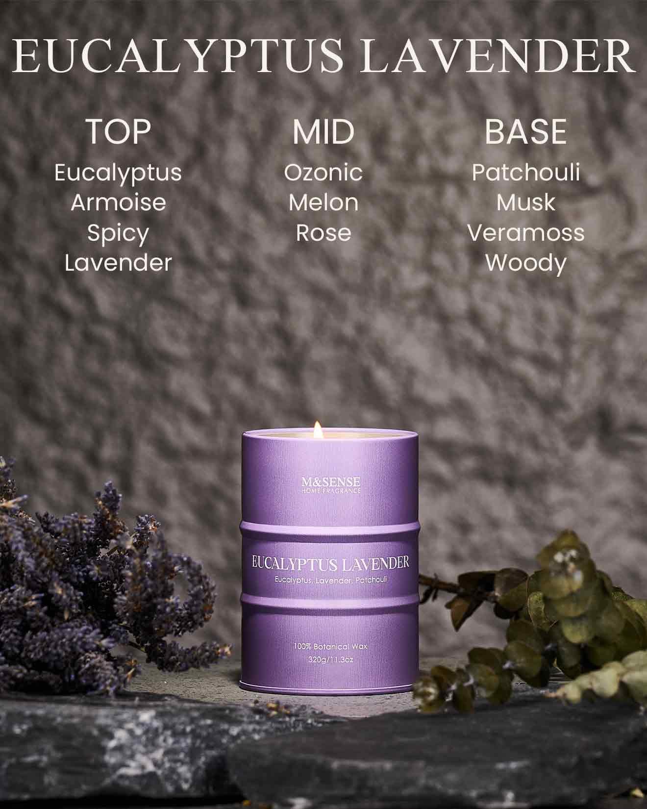 Bougie eucalyptus-lavande M&SENSE, cire naturelle et diffusion durable.