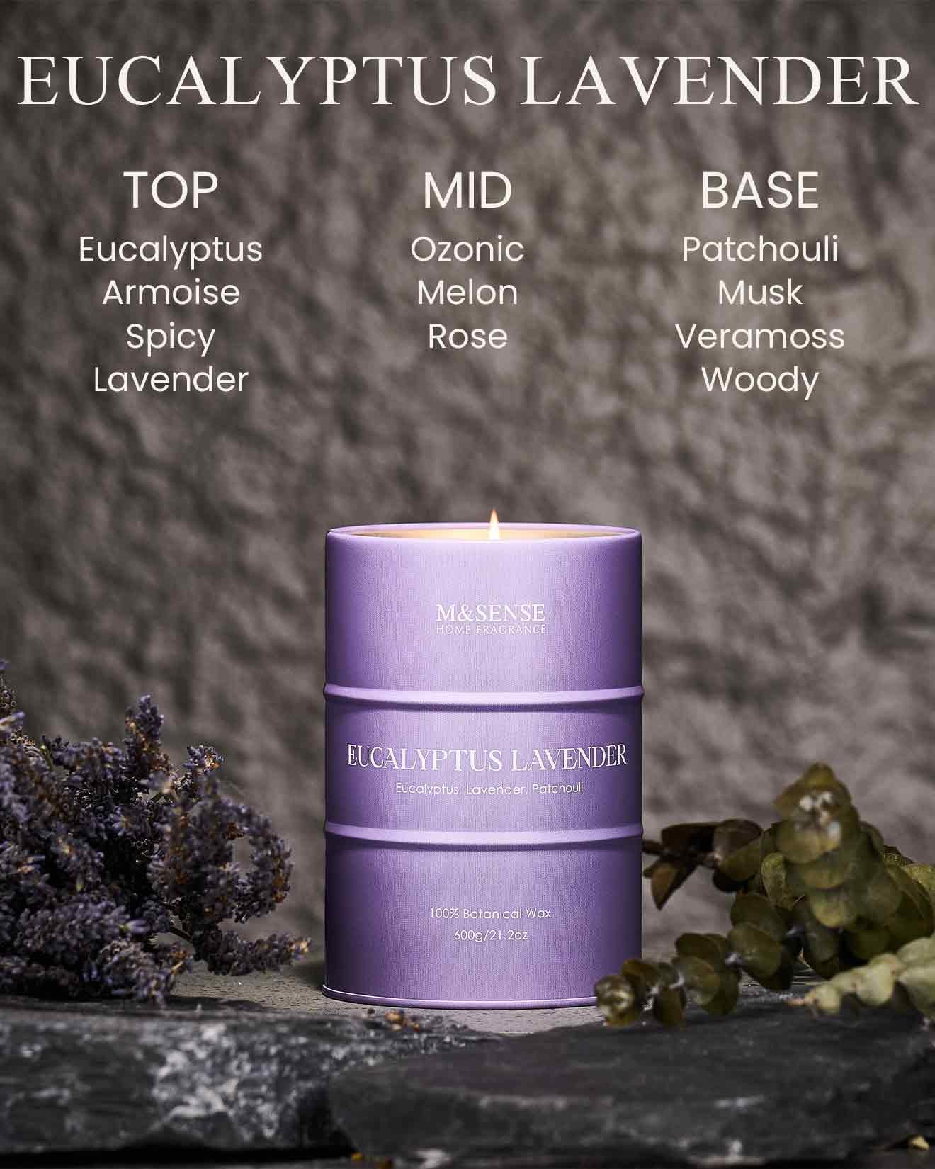 Bougie M&SENSE eucalyptus lavande cire soja naturelle pour une combustion lente.