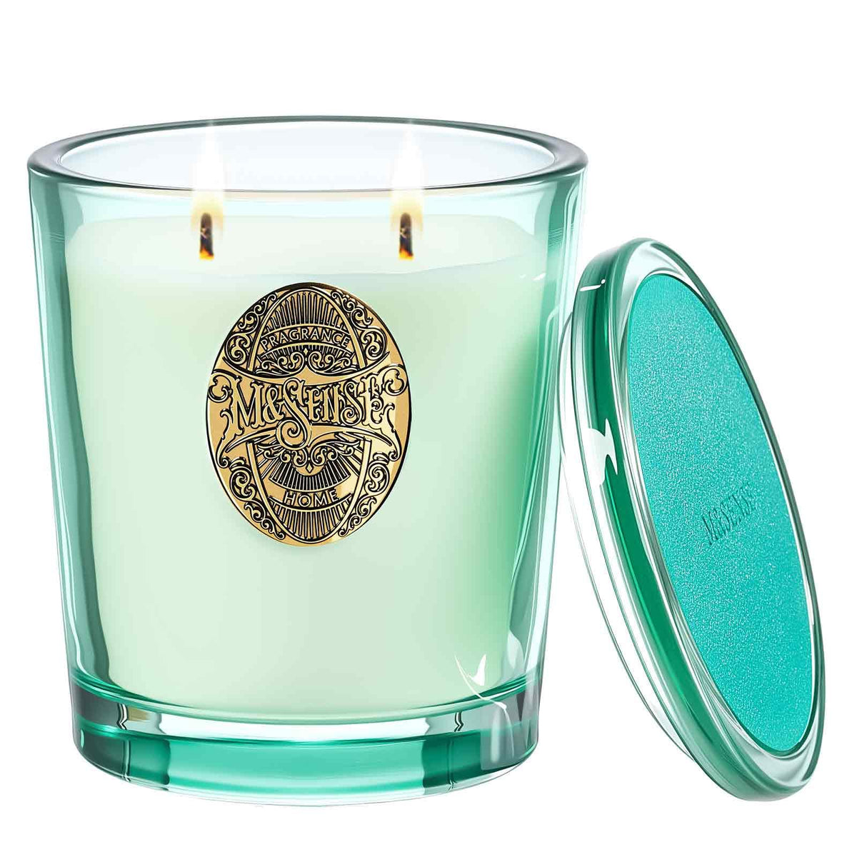 Bougie M&SENSE eucalyptus menthe à doubles mèches, diffusion homogène dans la pièce.