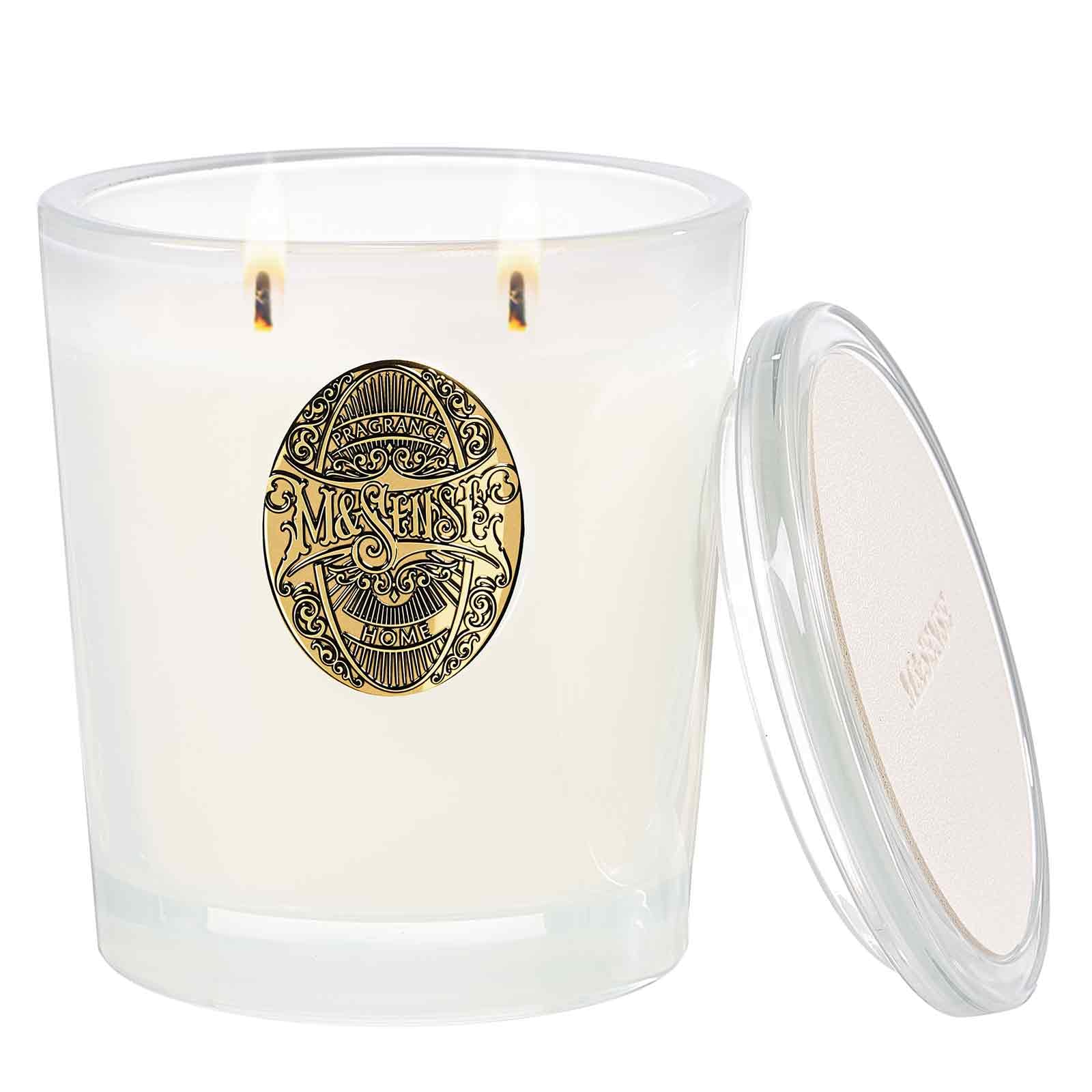 Bougie M&SENSE grande double mèche vanille crème pour ambiance chaleureuse.