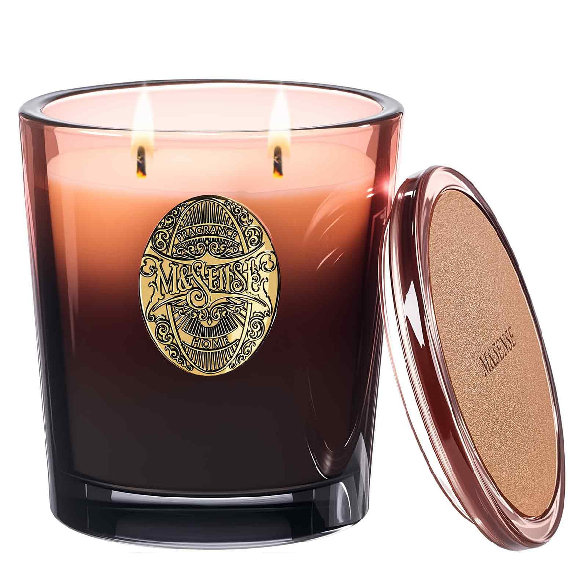 Bougie M&SENSE grande en soya acajou santal noir pour une ambiance durable et enveloppante.