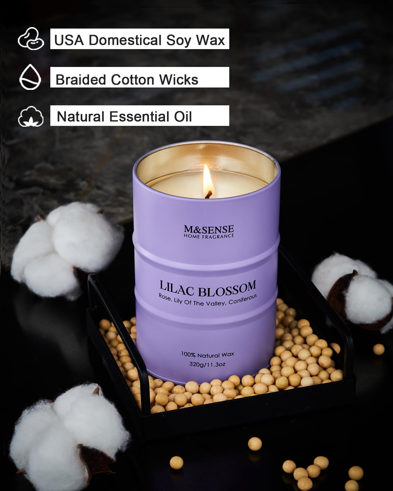 Bougie Lilas de M&SENSE avec flamme stable et diffusion d’arôme.