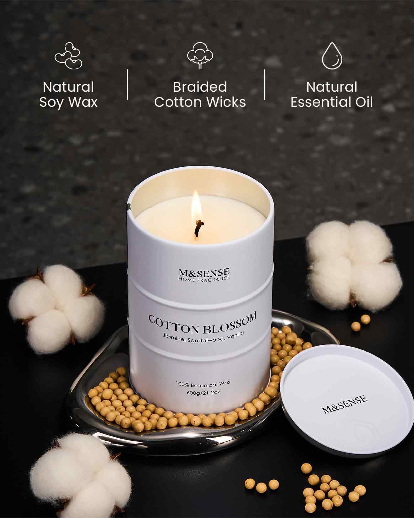 Bougie M&SENSE mèche coton sans plomb: flamme stable et peu de suie