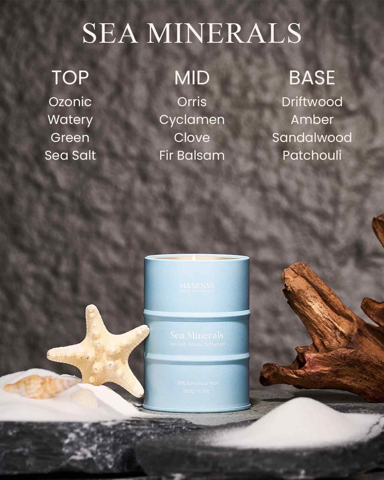 Bougie M&SENSE Minéraux Marins Océan avec flamme stable pour ambiance.