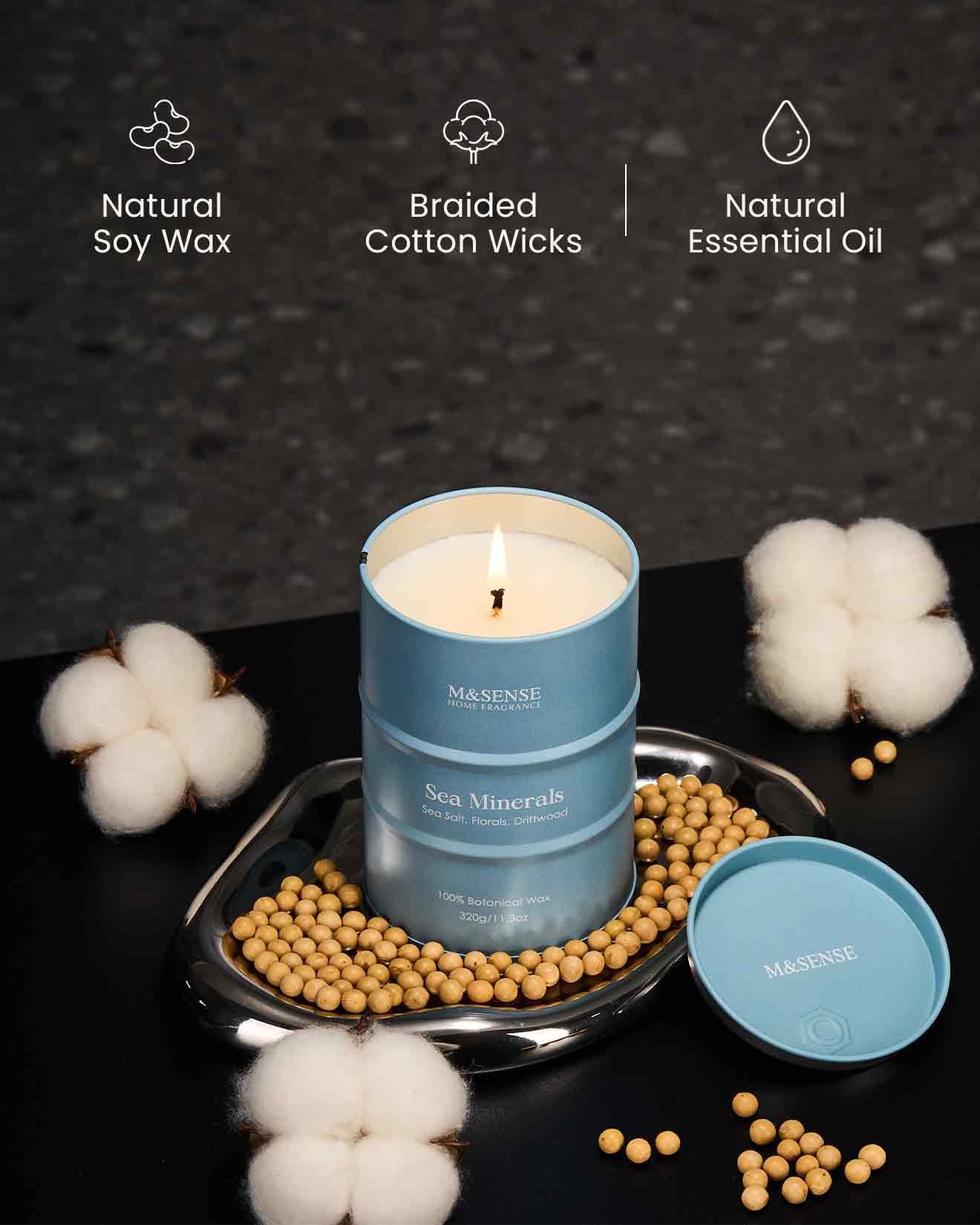 Bougie M&SENSE Minéraux Marins Océan, lueur douce idéale pour méditation.