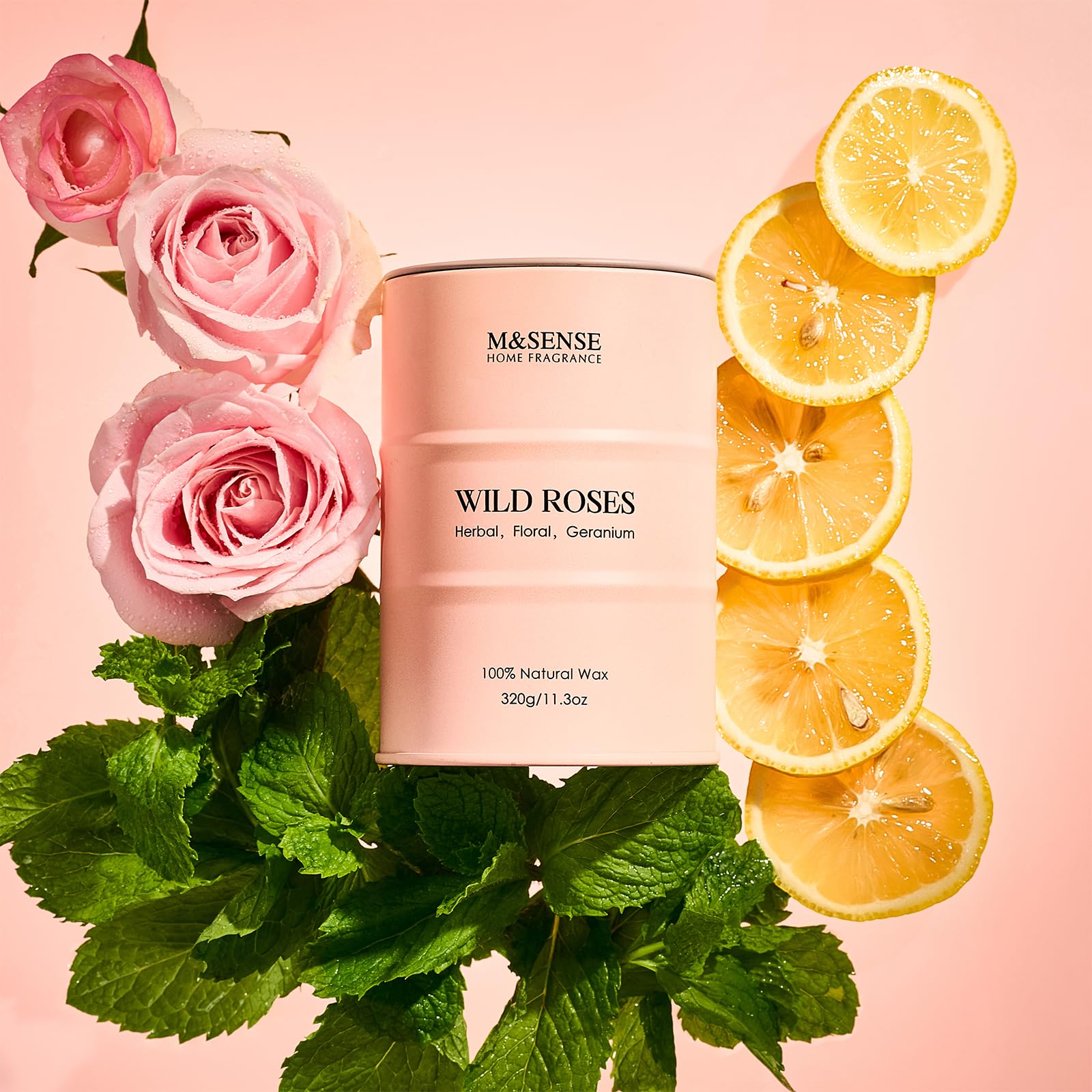 M&SENSE Bougie Rose Sauvage et mèche coton—combustion régulière et propre.